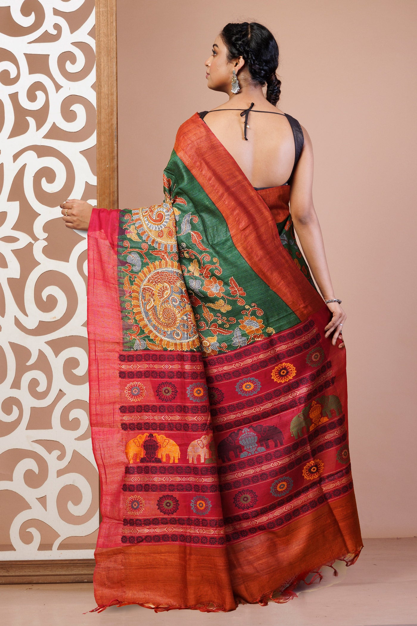 Green Pure Handloom Block Printed With Kantha Work Vidarbha Tussar Silk Saree