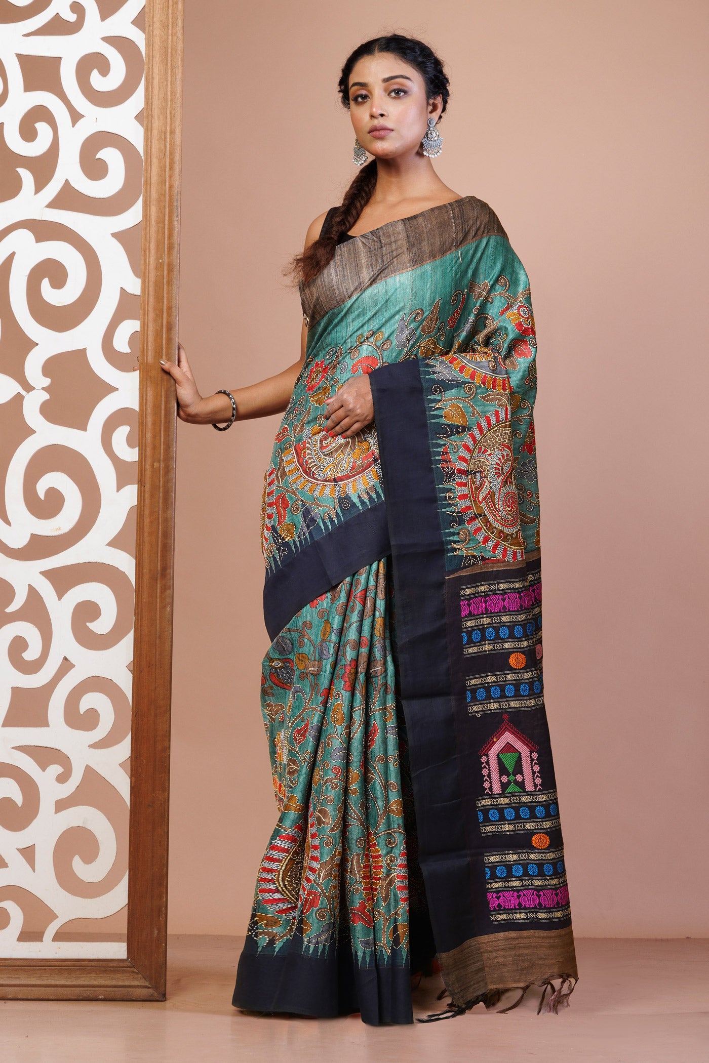 Turquoise Green Pure Handloom Block Printed With Kantha Work Vidarbha Tussar Silk Saree-UNM78020