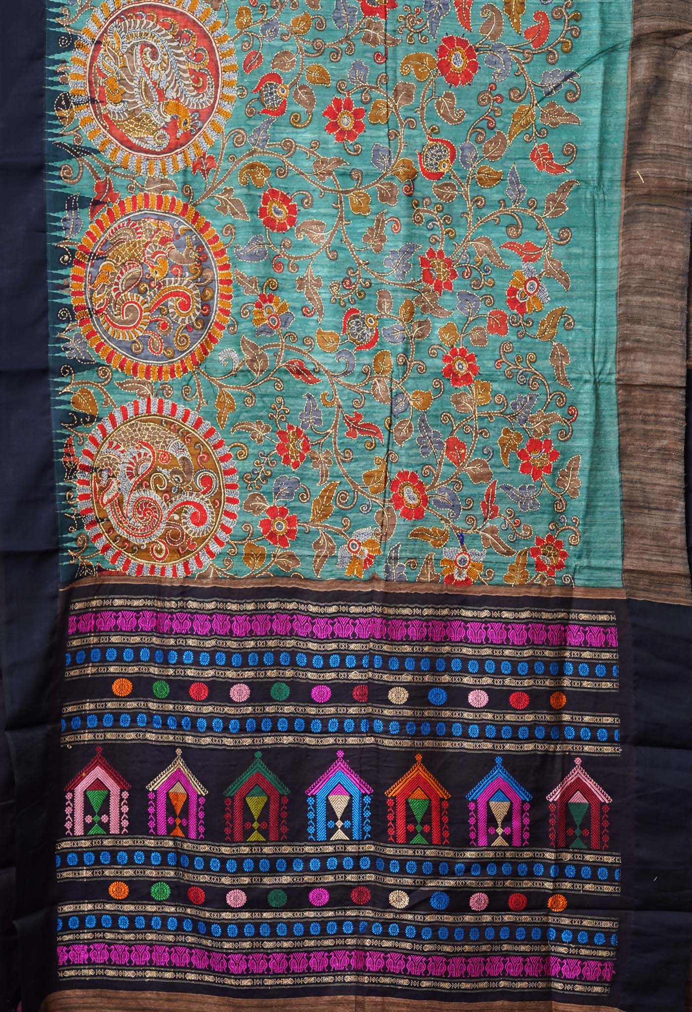 Turquoise Green Pure Handloom Block Printed With Kantha Work Vidarbha Tussar Silk Saree-UNM78020