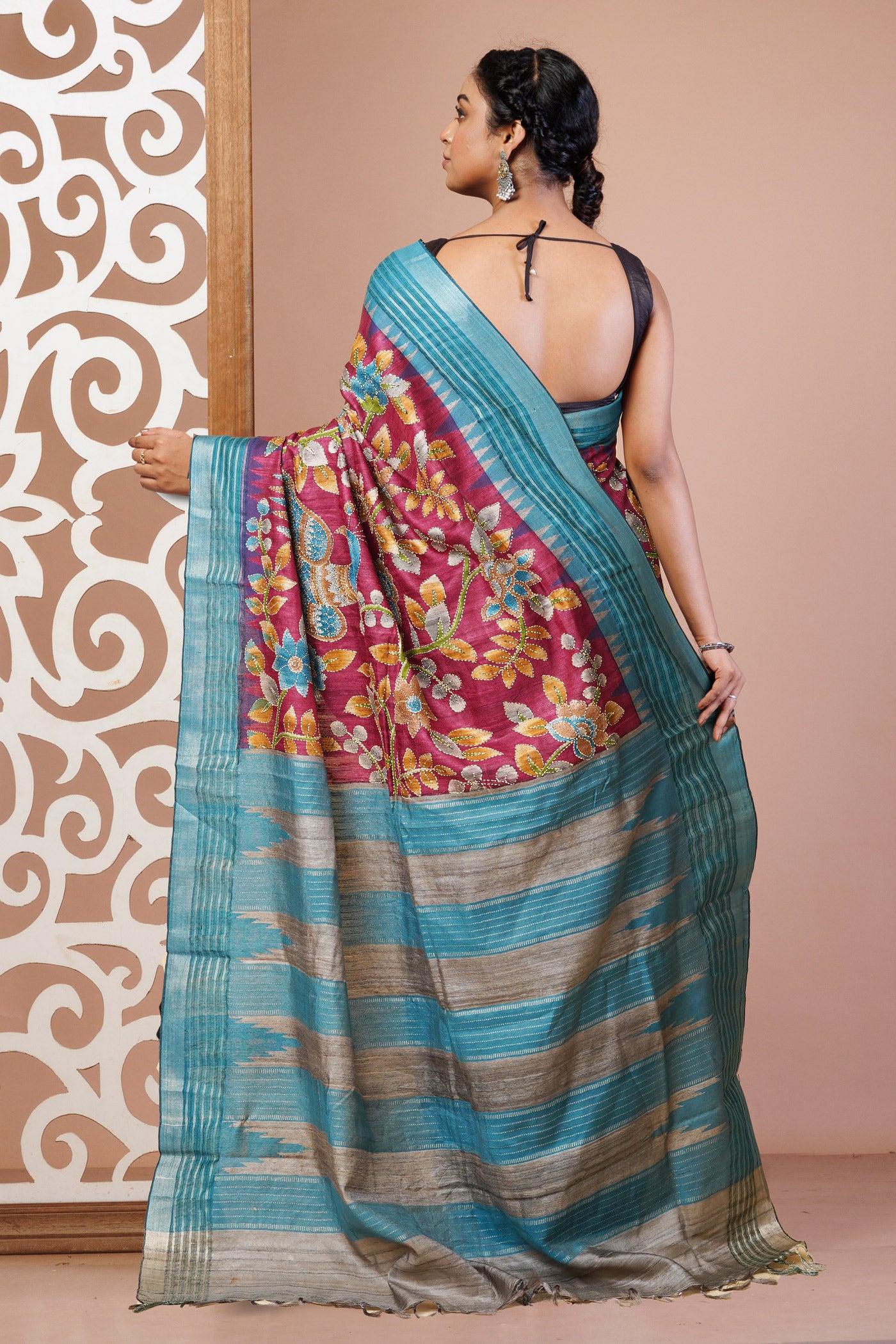 Burgundy Pure Handloom Block Printed With Kantha Work Vidarbha Tussar Silk Saree