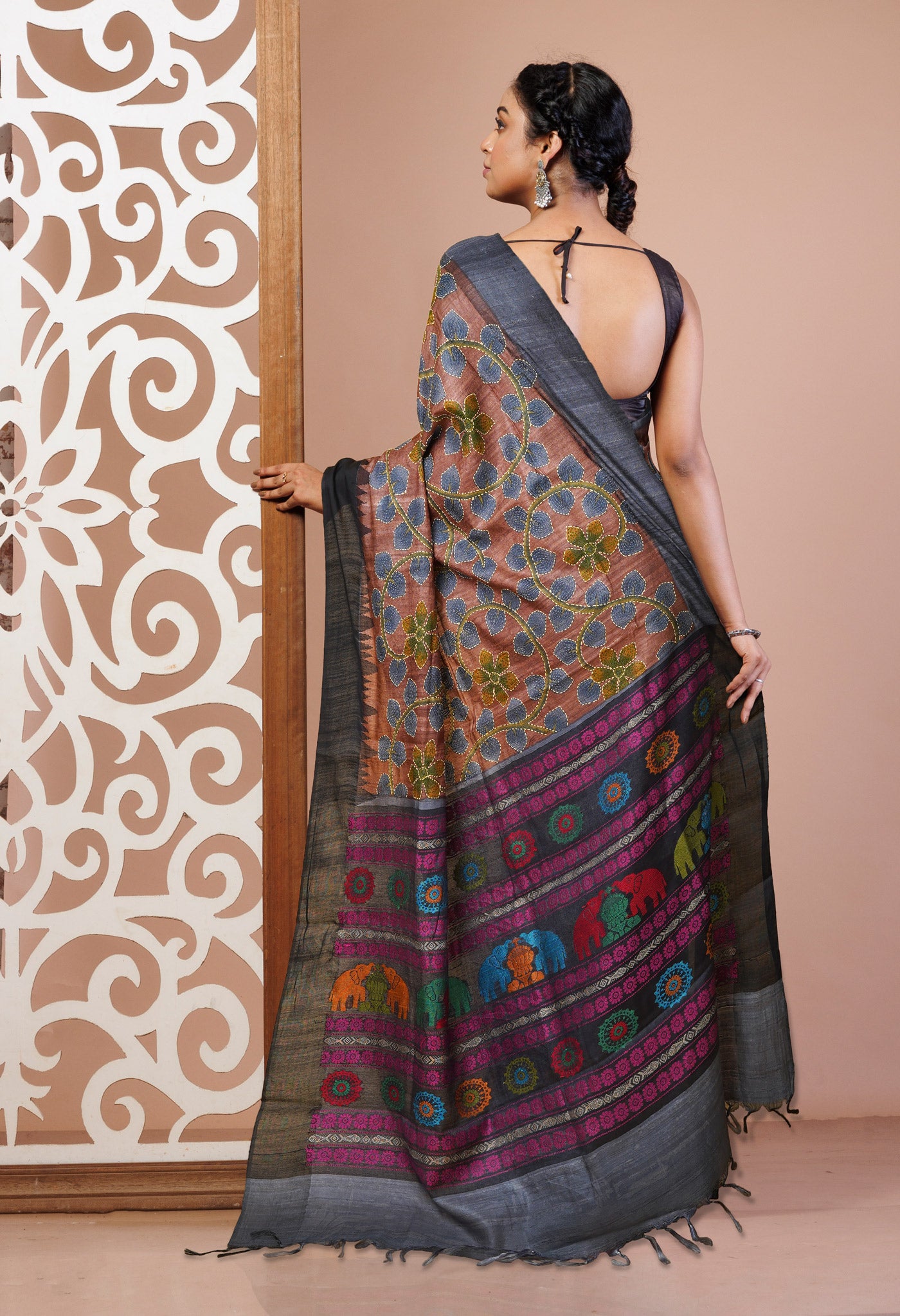 Brown Pure Handloom Block Printed With Kantha Work Vidarbha Tussar Silk Saree-UNM78026