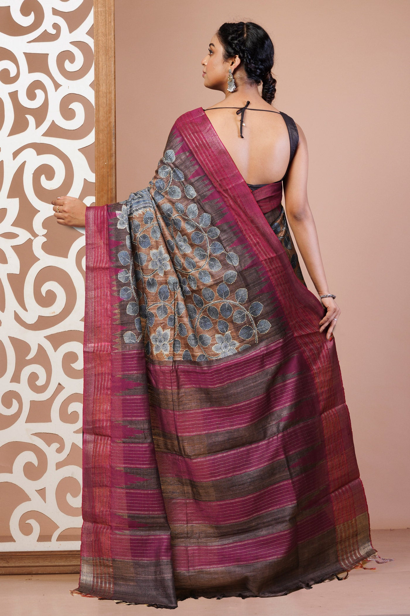 Brown Pure Handloom Block Printed With Kantha Work Vidarbha Tussar Silk Saree-UNM78028