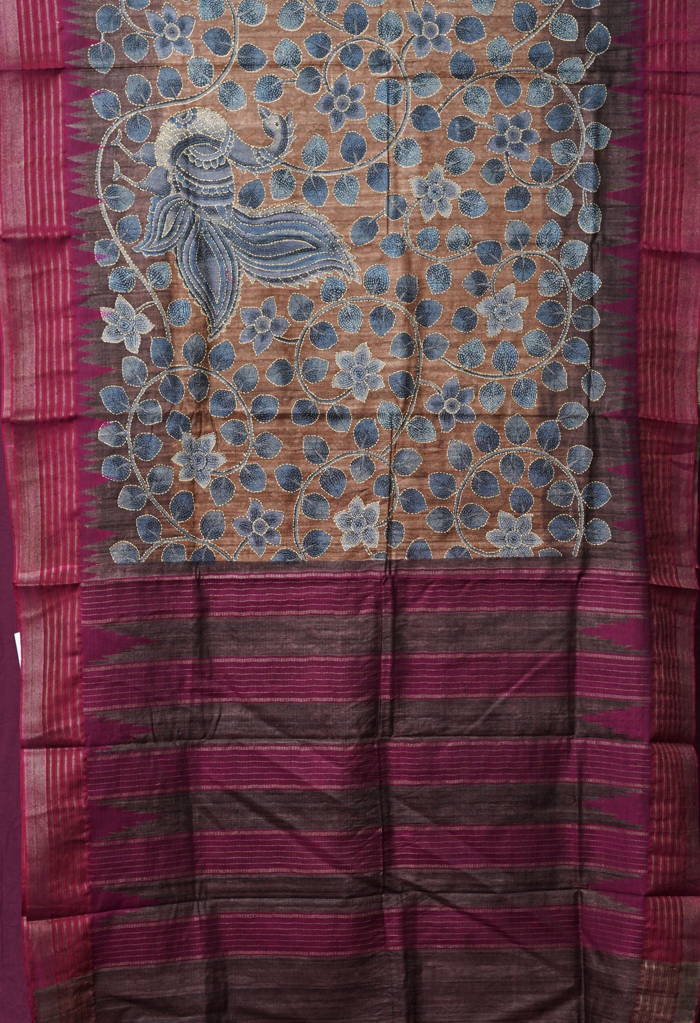 Brown Pure Handloom Block Printed With Kantha Work Vidarbha Tussar Silk Saree-UNM78028