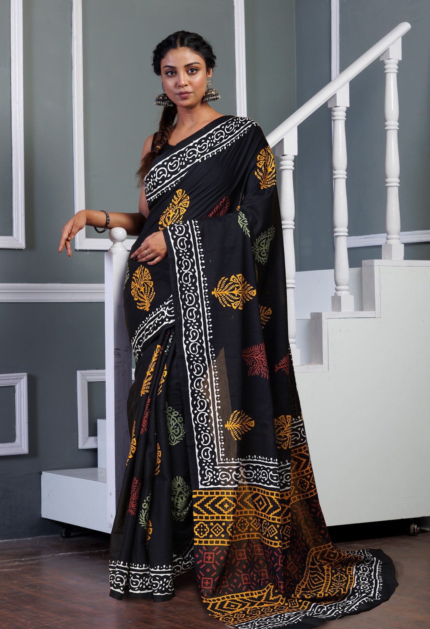 Black Pure  Hand Block Printed Soft Cotton Saree-UNM78034