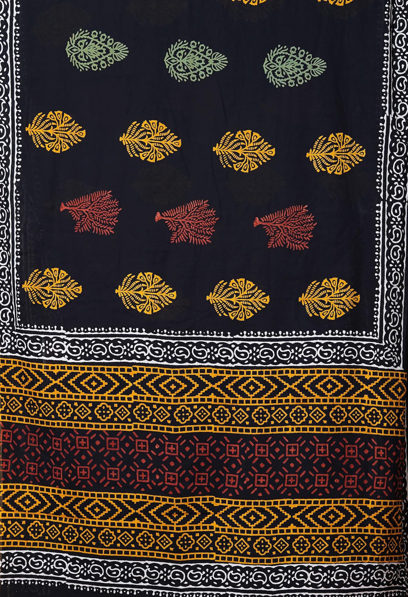 Black Pure  Hand Block Printed Soft Cotton Saree-UNM78034