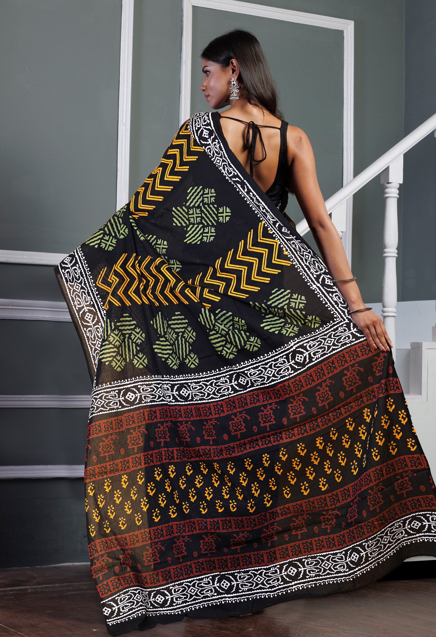 Black Pure  Hand Block Printed Soft Cotton Saree-UNM78036