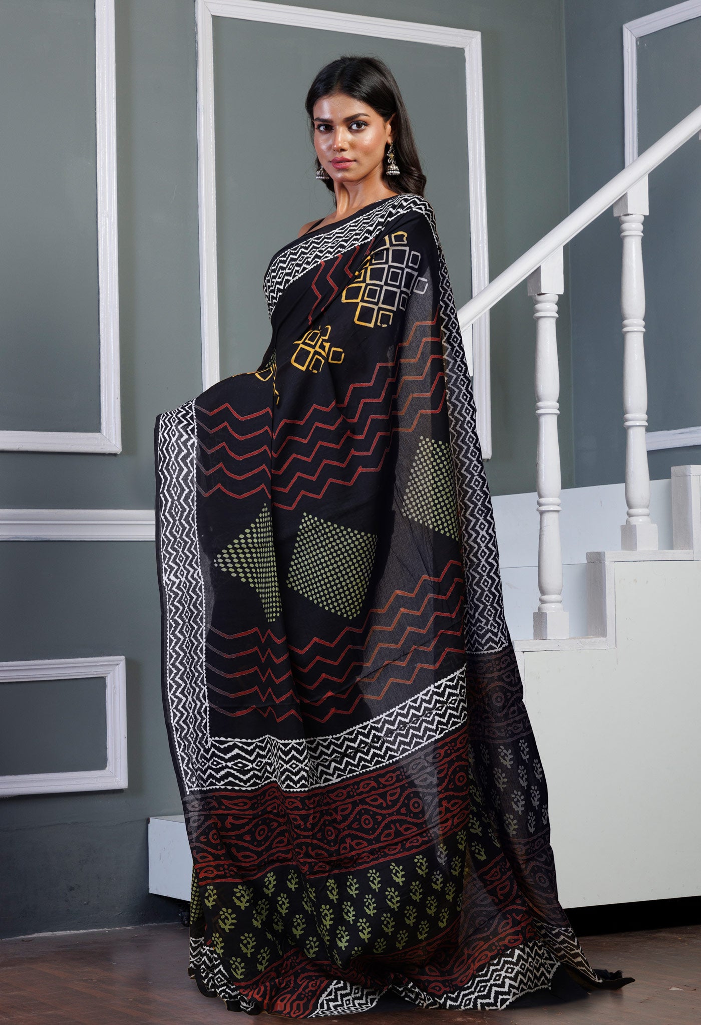 Black Pure  Hand Block Printed Soft Cotton Saree-UNM78037