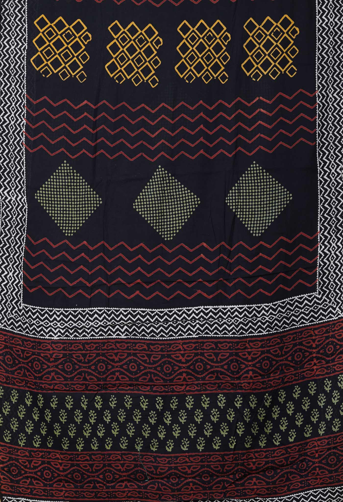 Black Pure  Hand Block Printed Soft Cotton Saree-UNM78037