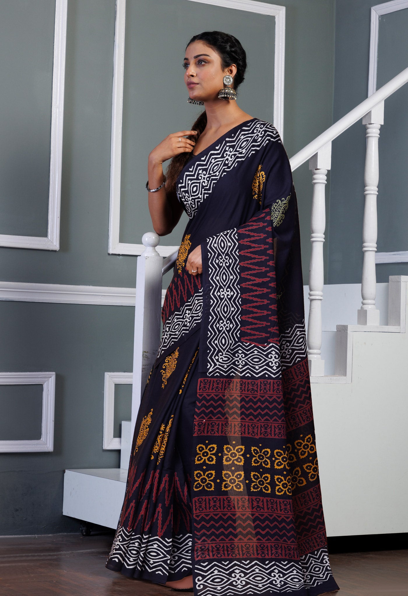 Black Pure  Hand Block Printed Soft Cotton Saree-UNM78038