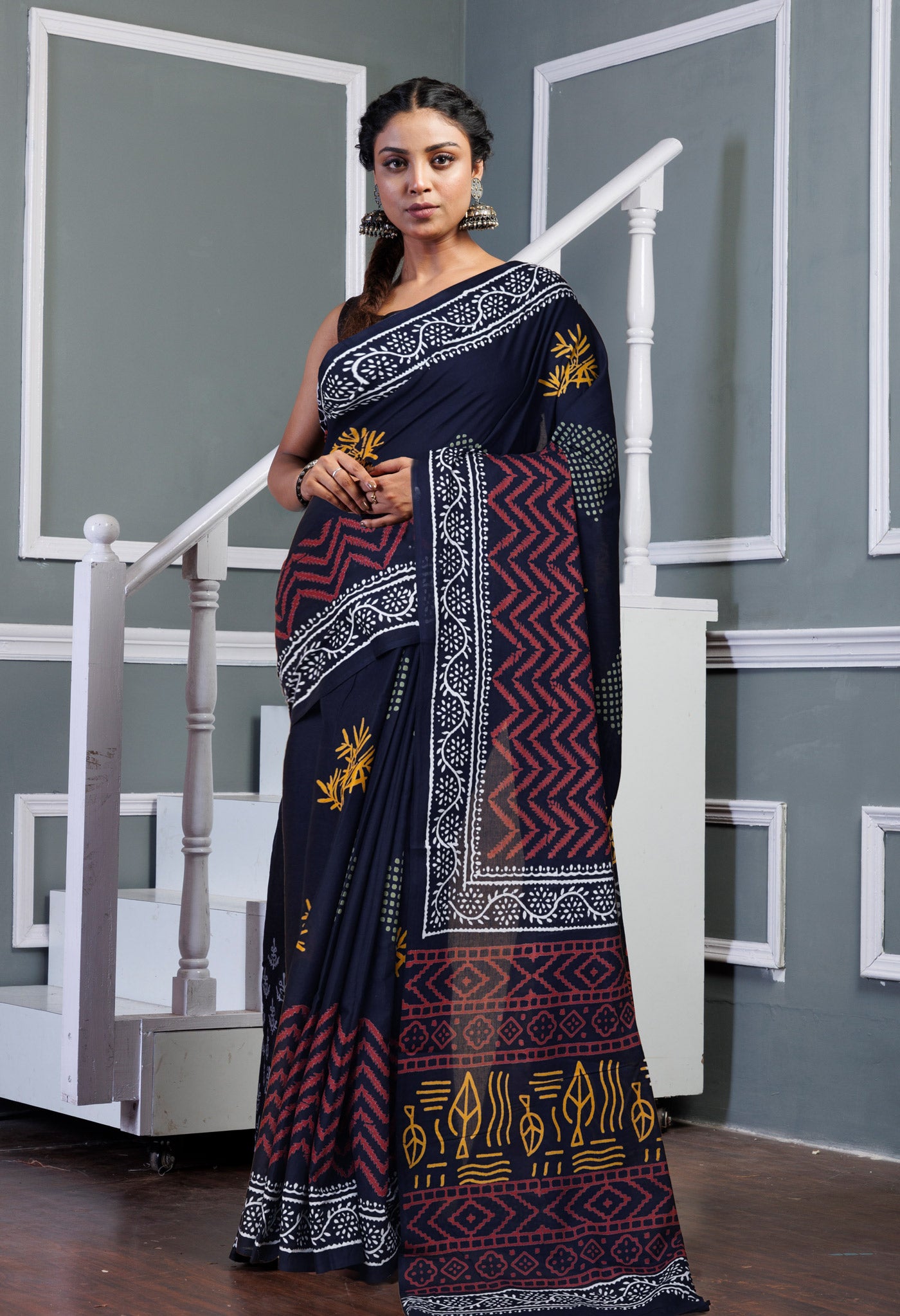 Black Pure  Hand Block Printed Soft Cotton Saree-UNM78041