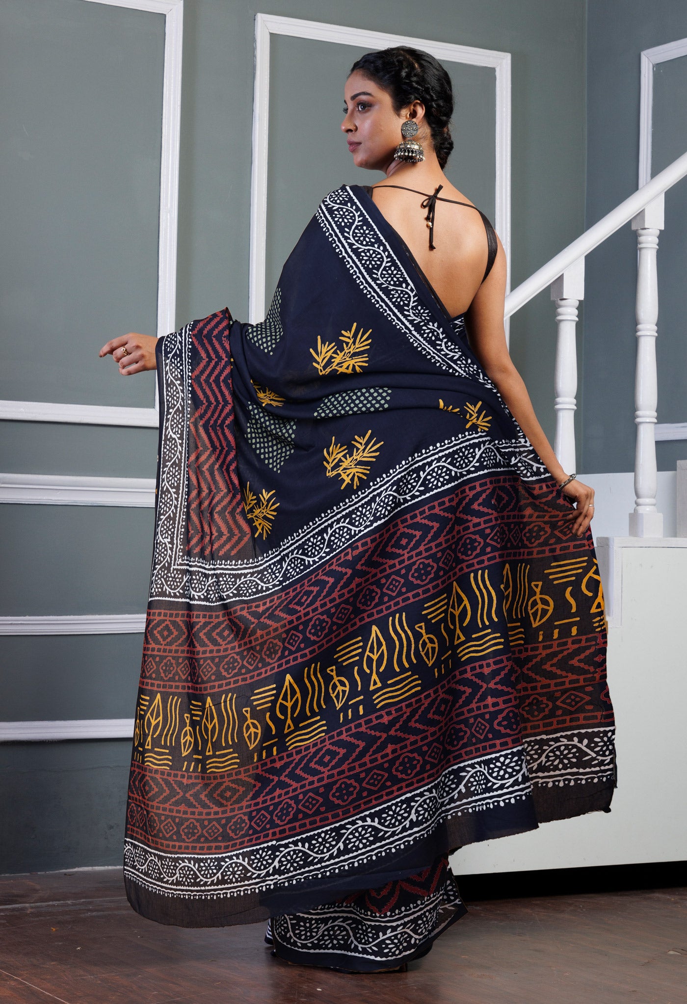 Black Pure  Hand Block Printed Soft Cotton Saree-UNM78041