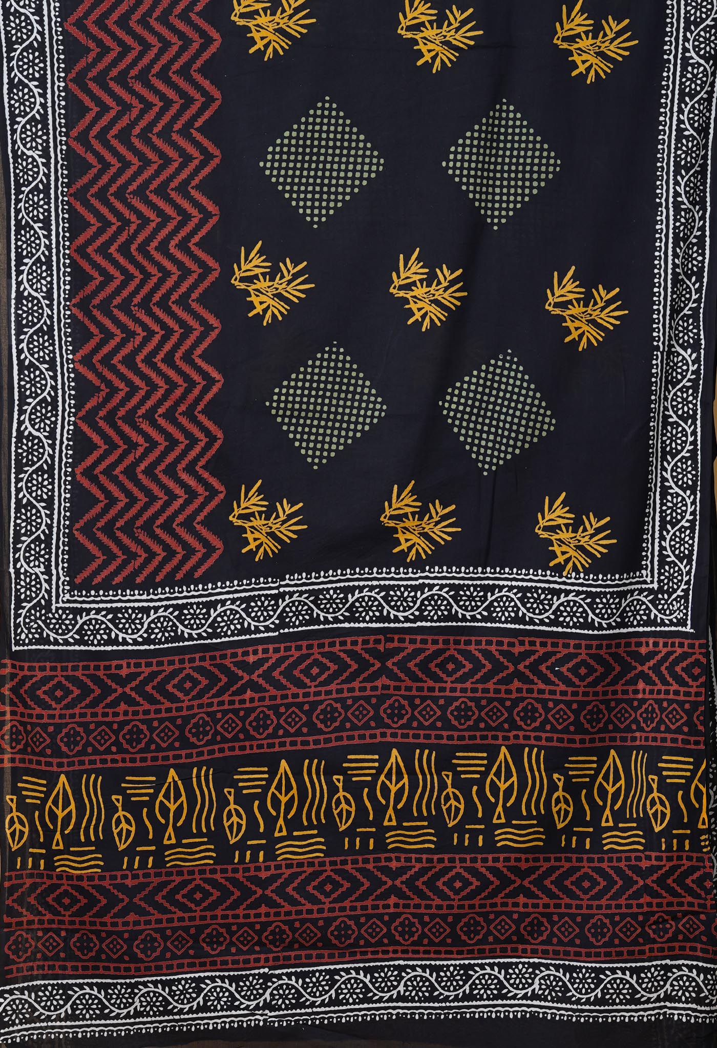 Black Pure  Hand Block Printed Soft Cotton Saree-UNM78041