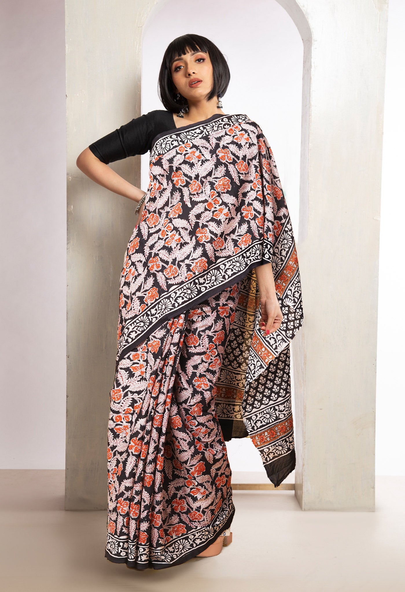 Black Pure  Bagru Printed Soft Cotton Saree-UNM78046