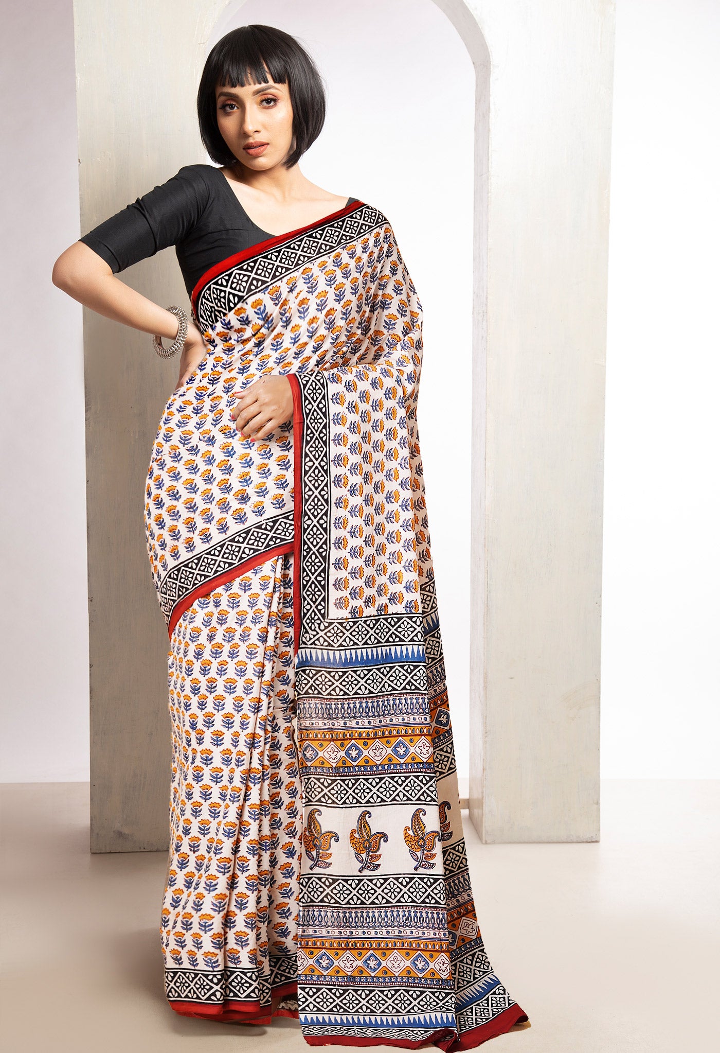 Cream Pure  Bagru Printed Soft Cotton Saree-UNM78047