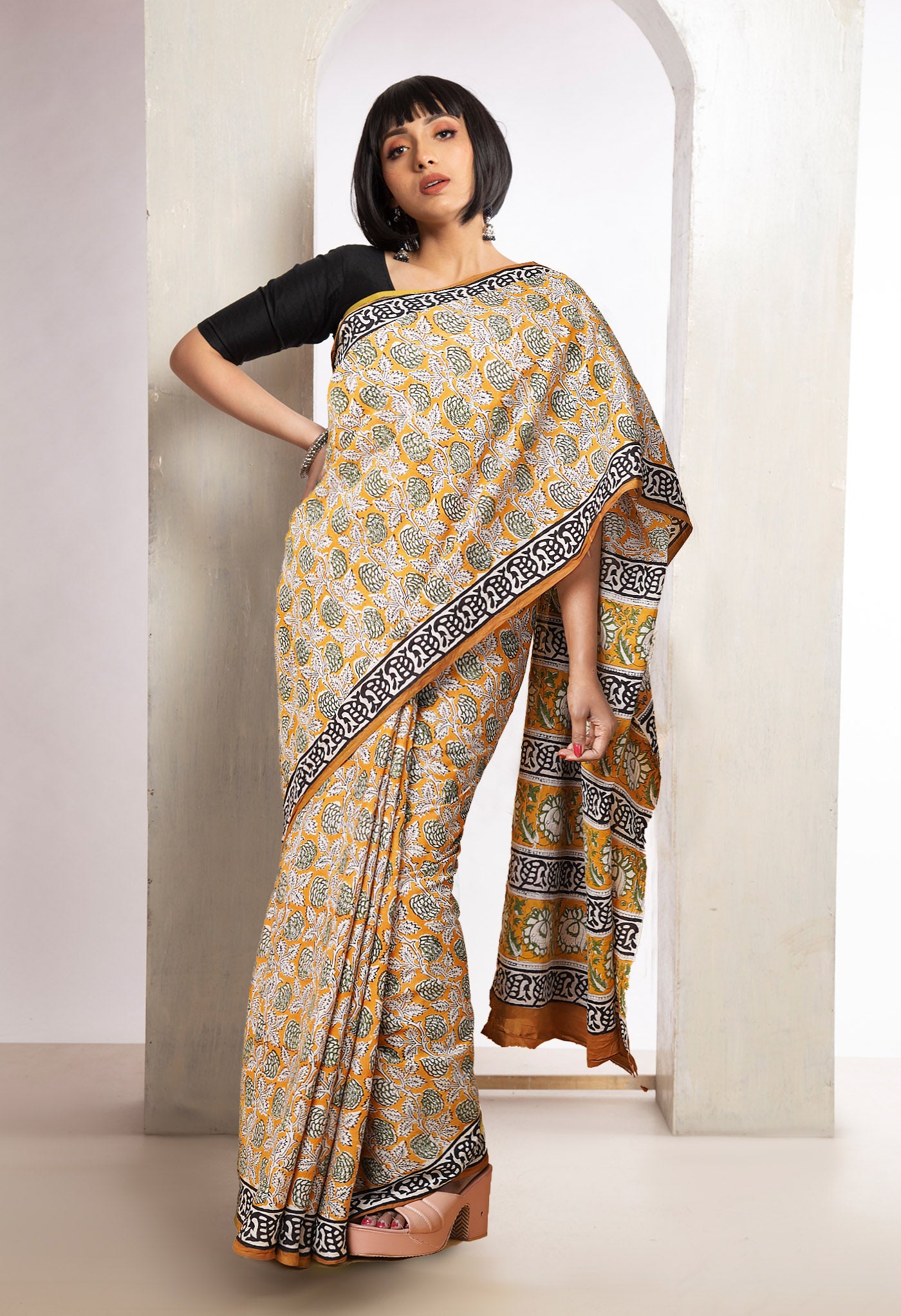 Yellow Pure  Bagru Printed Soft Cotton Saree-UNM78049