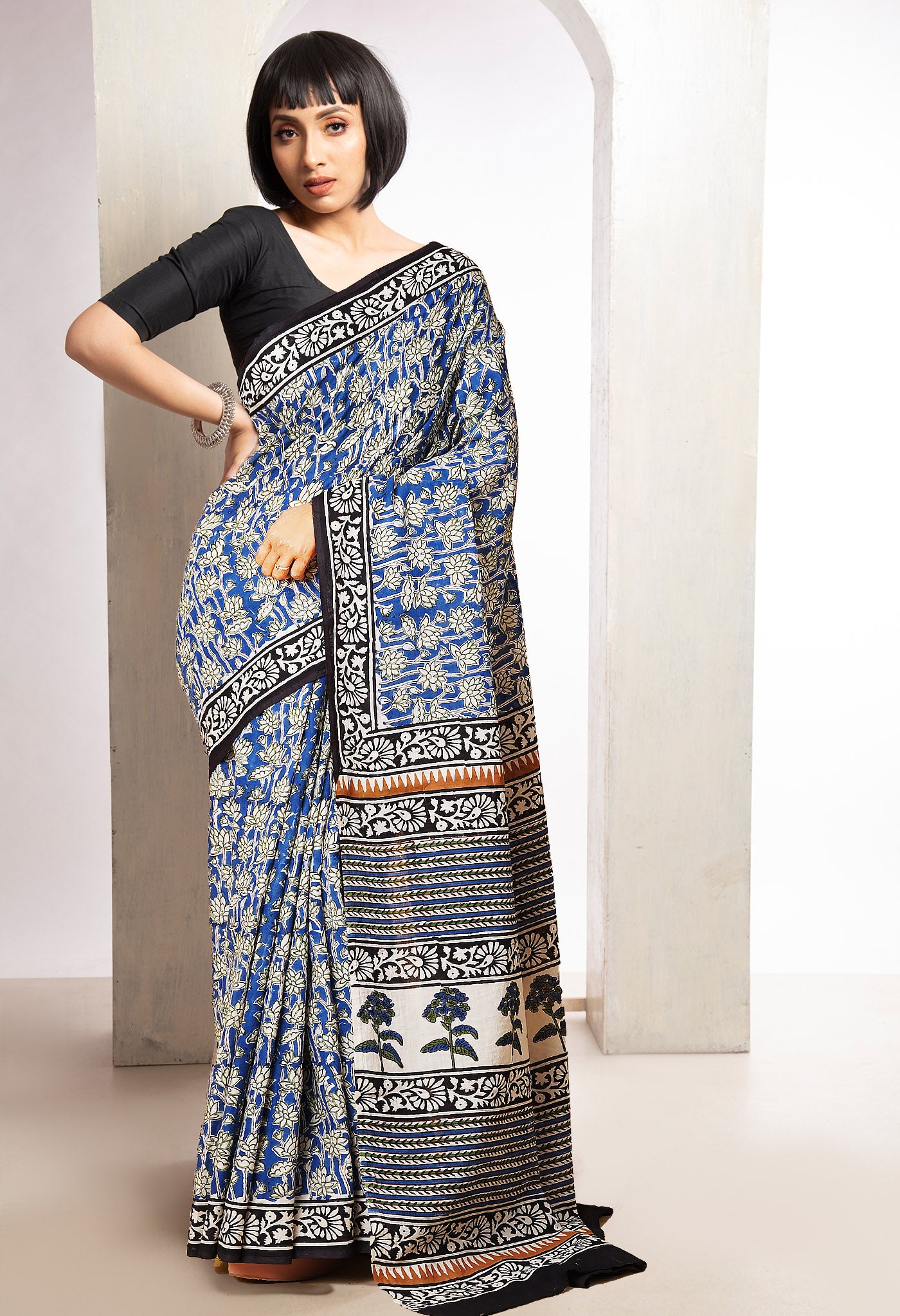 Blue Pure  Bagru Printed Soft Cotton Saree-UNM78064