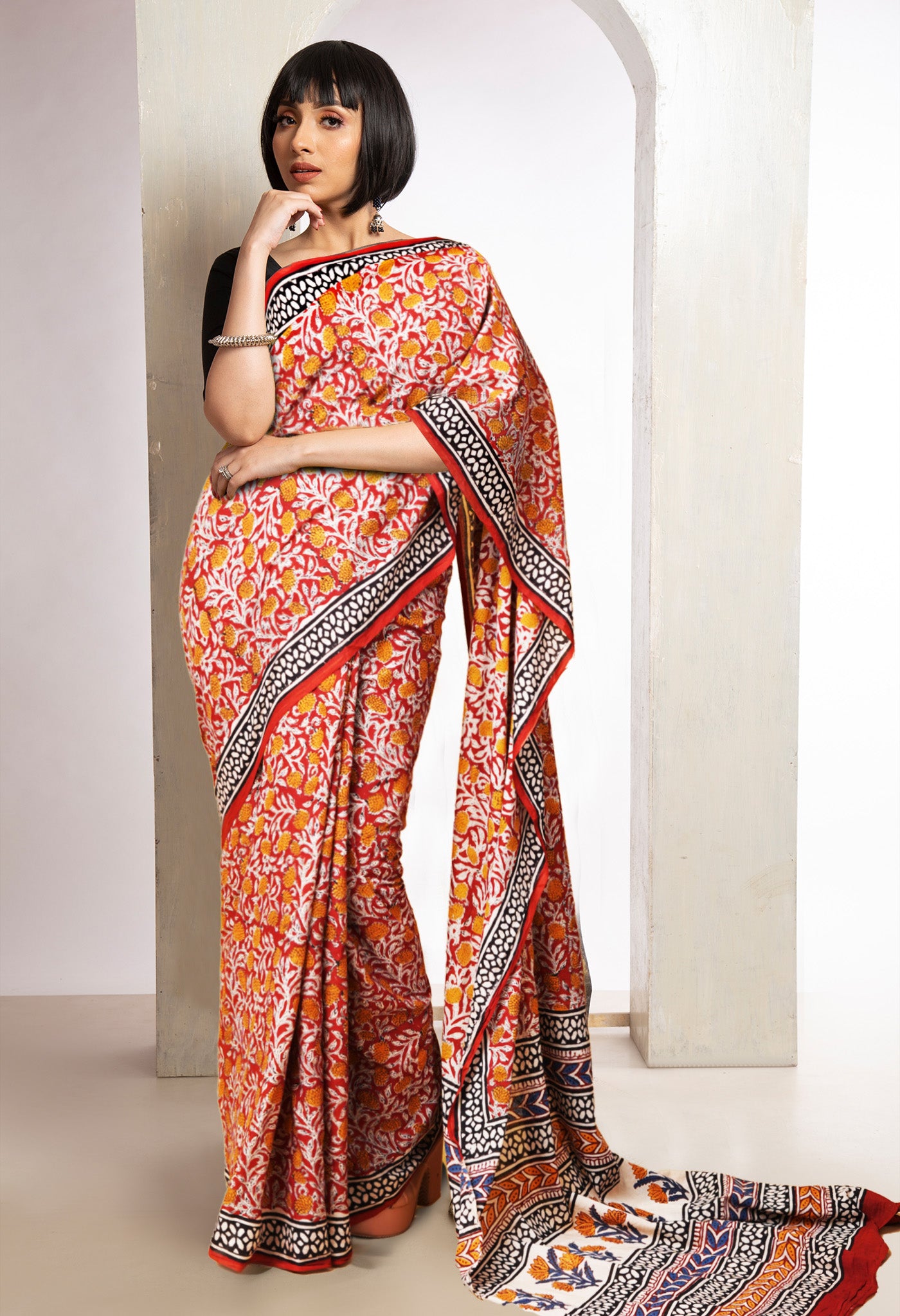 Red Pure  Bagru Printed Soft Cotton Saree-UNM78065