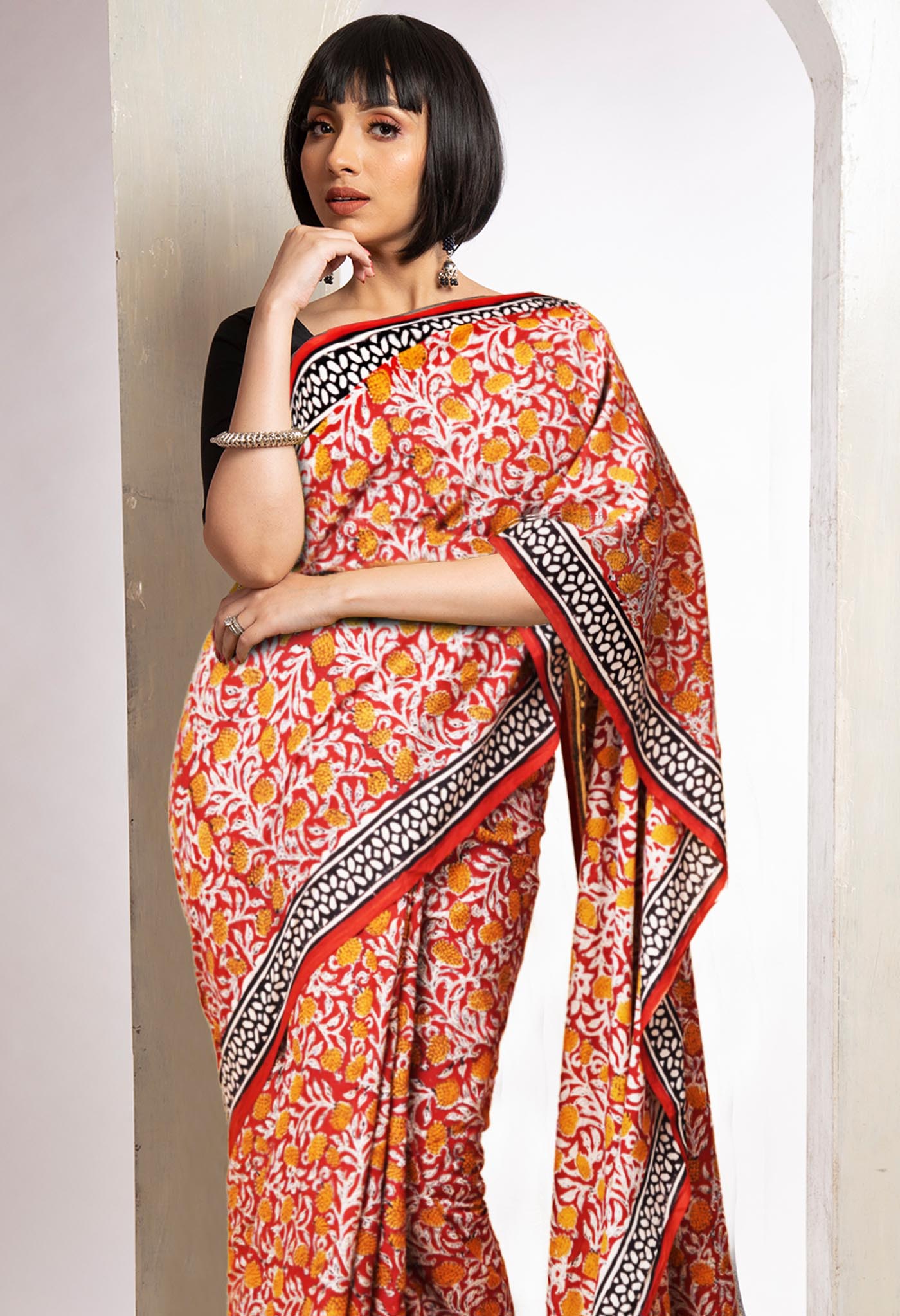 Red Pure  Bagru Printed Soft Cotton Saree-UNM78065