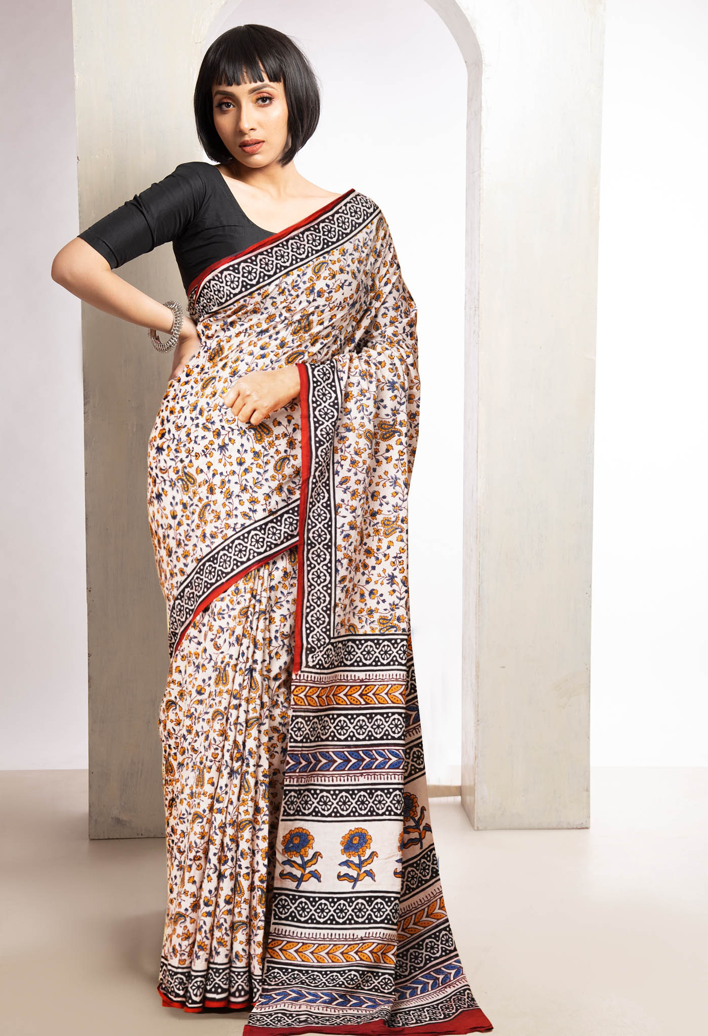 Cream Pure  Bagru Printed Soft Cotton Saree-UNM78075