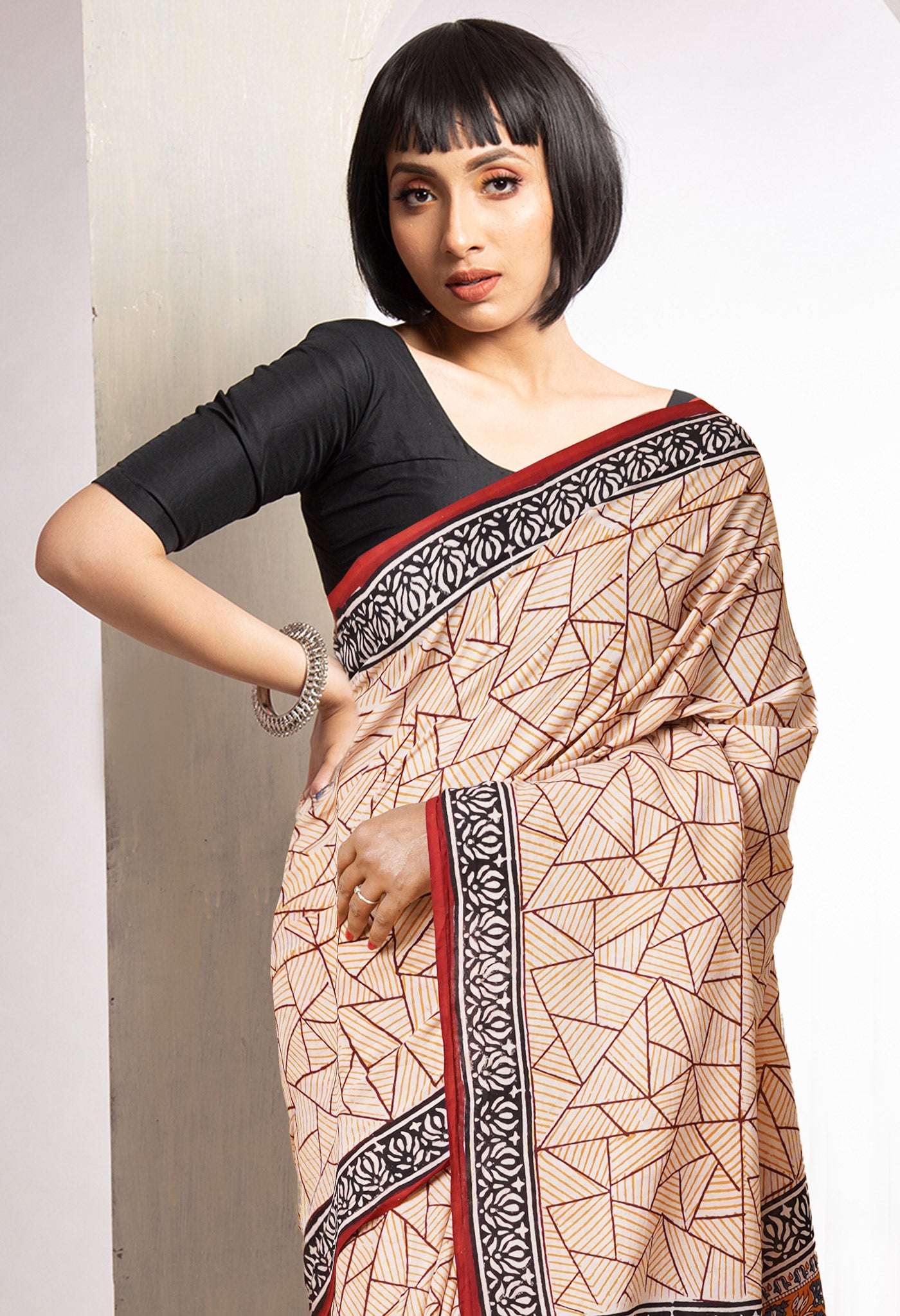 Beige Pure  Bagru Printed Soft Cotton Saree