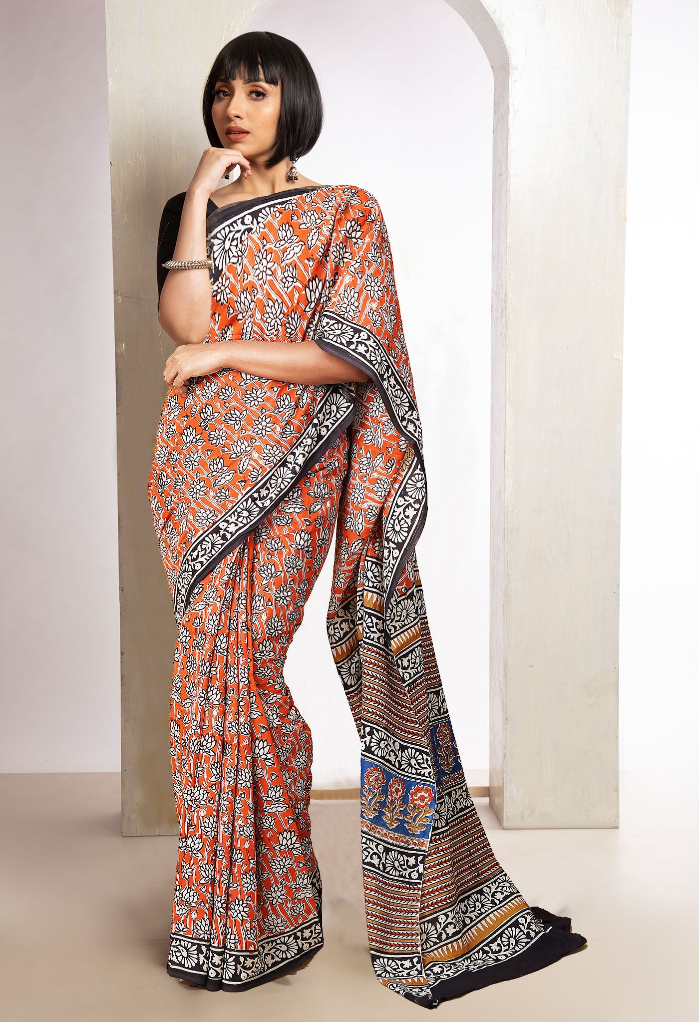 Orange Pure  Bagru Printed Soft Cotton Saree-UNM78090