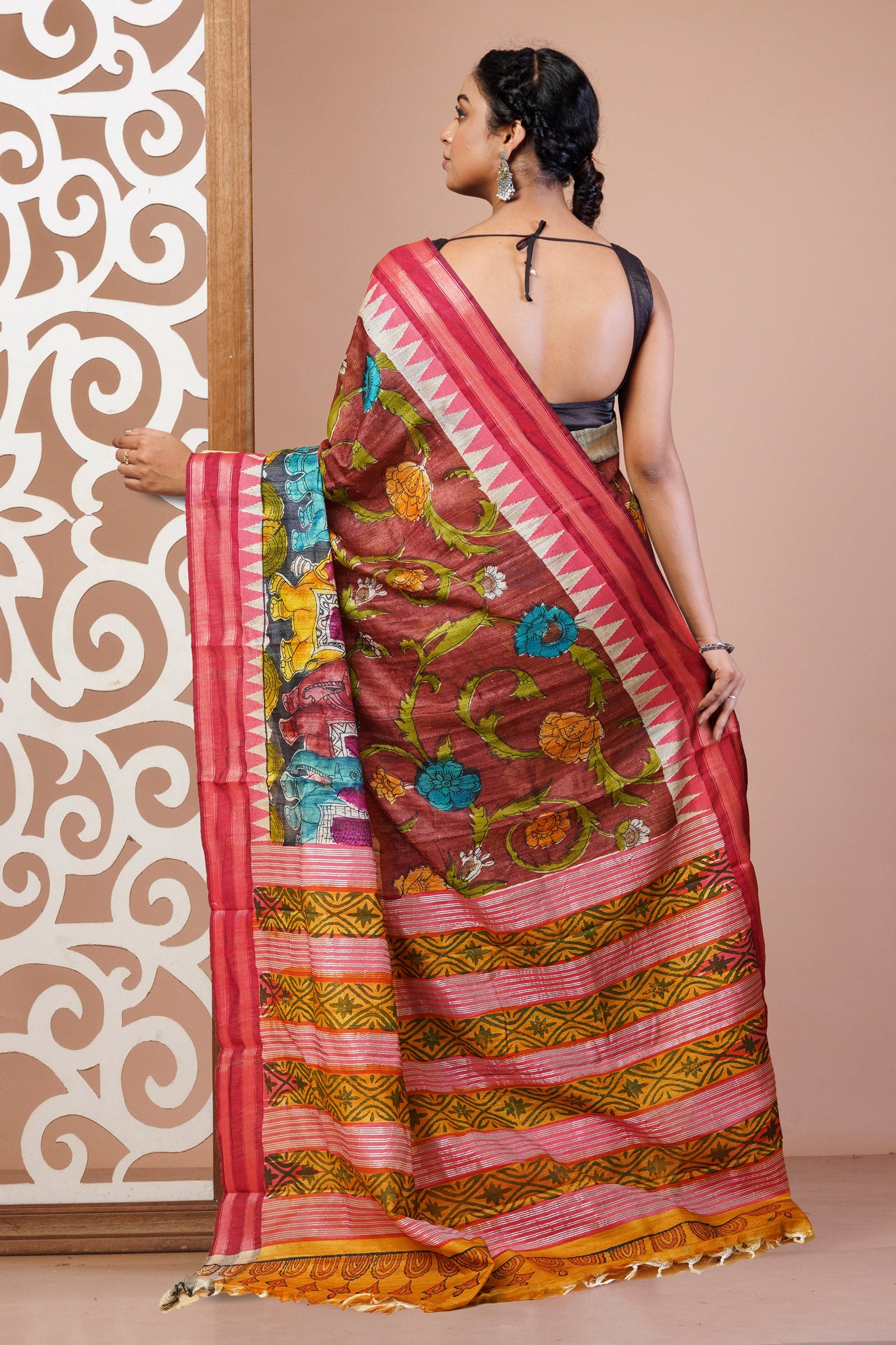 Rust Orange Pure Handloom Printed Vidarbha Tussar Silk Saree