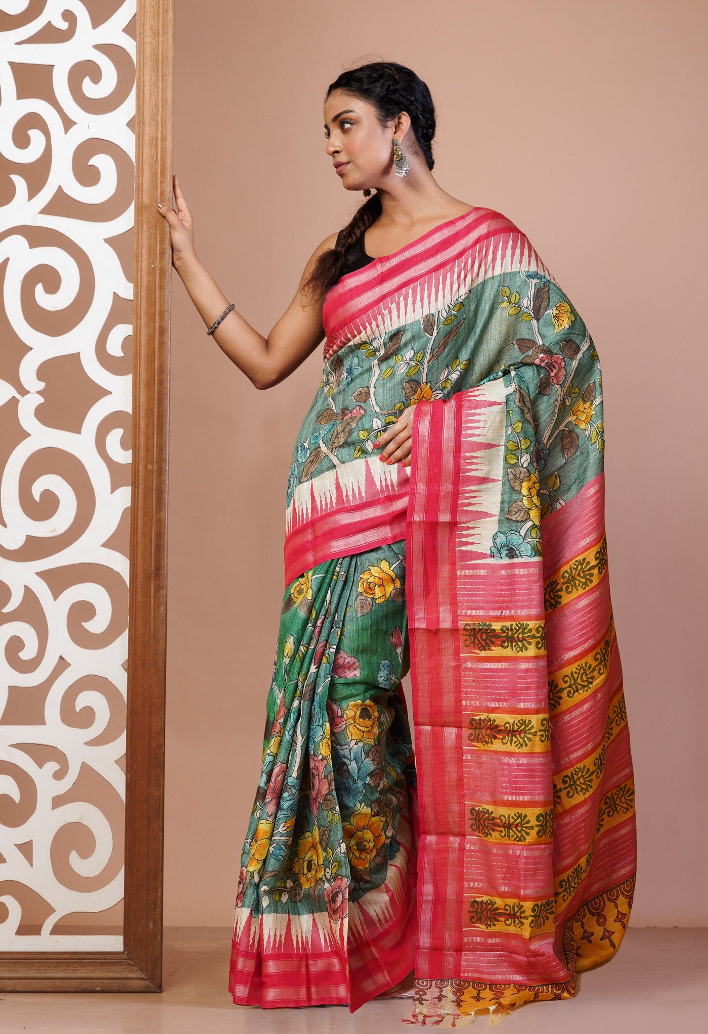 Green Pure Handloom Printed Vidarbha Tussar Silk Saree-UNM78093