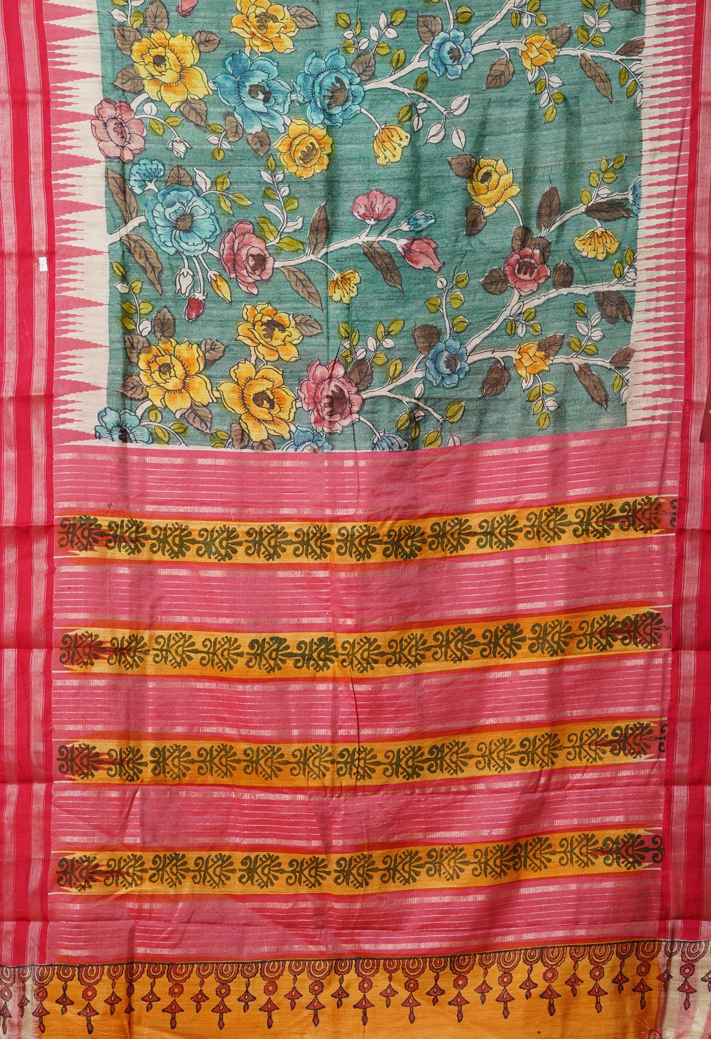 Green Pure Handloom Printed Vidarbha Tussar Silk Saree-UNM78093