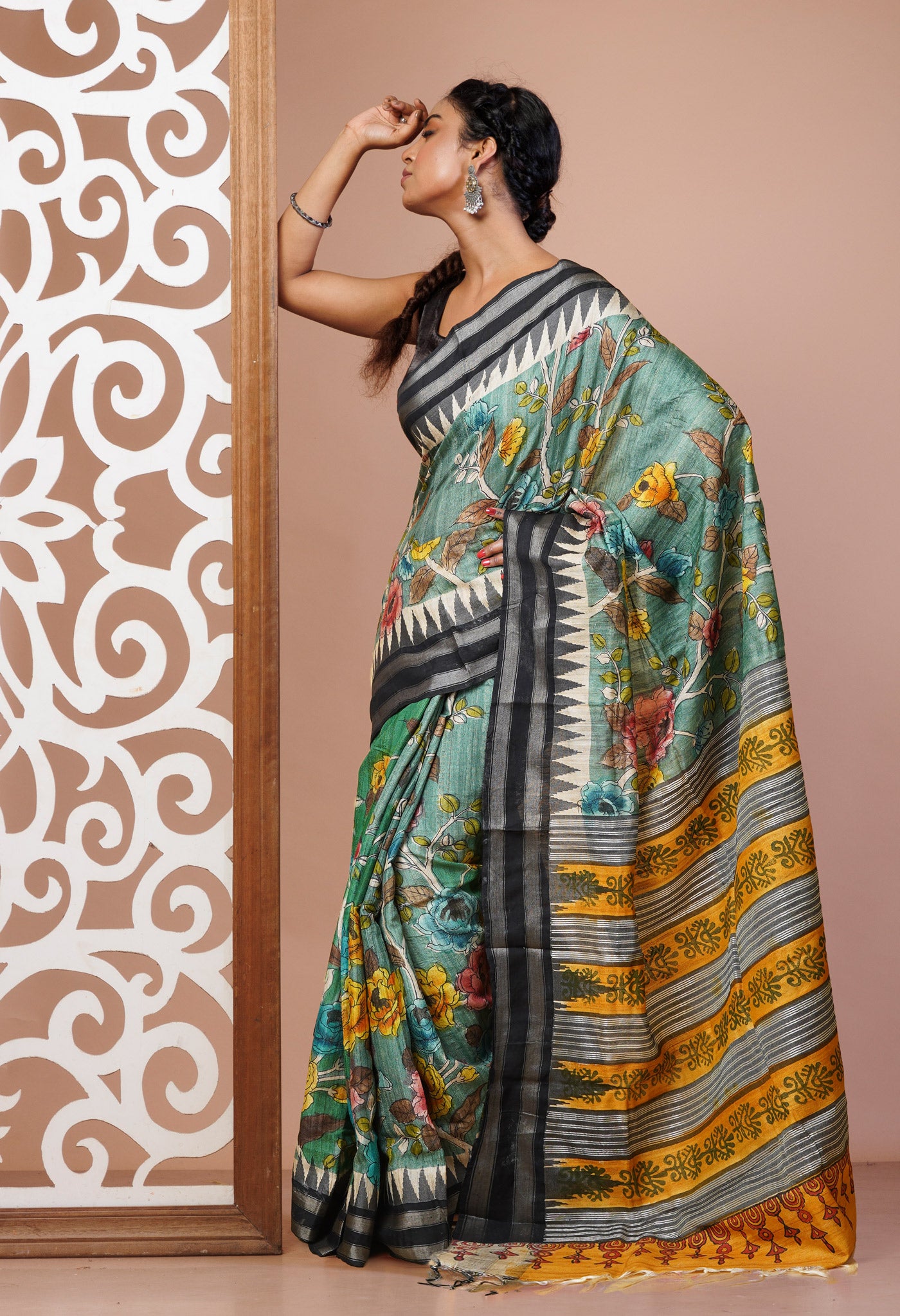 Green Pure Handloom Printed Vidarbha Tussar Silk Saree