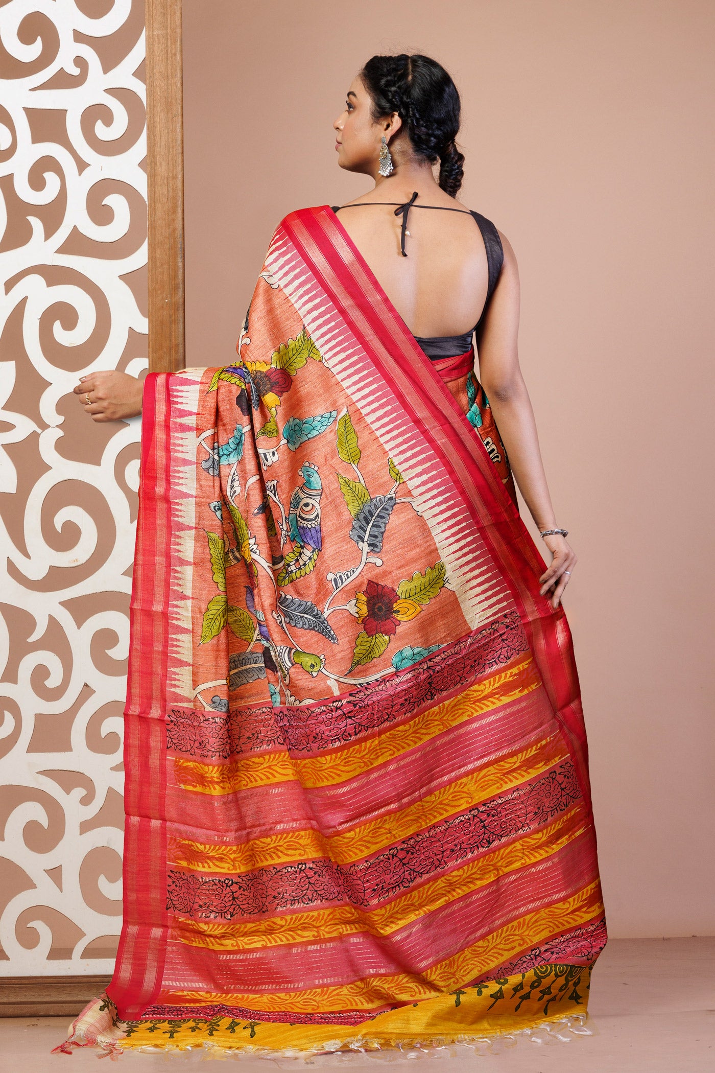 Peach Orange Pure Handloom Printed Vidarbha Tussar Silk Saree-UNM78098