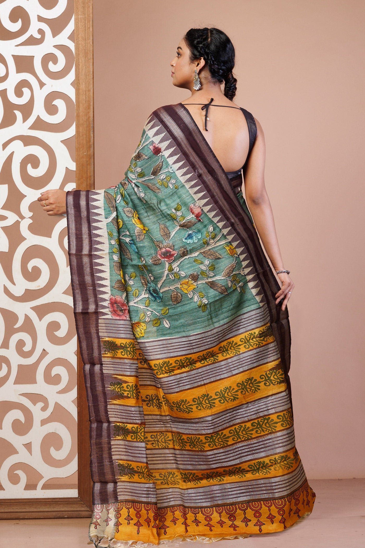 Green Pure Handloom Printed Vidarbha Tussar Silk Saree