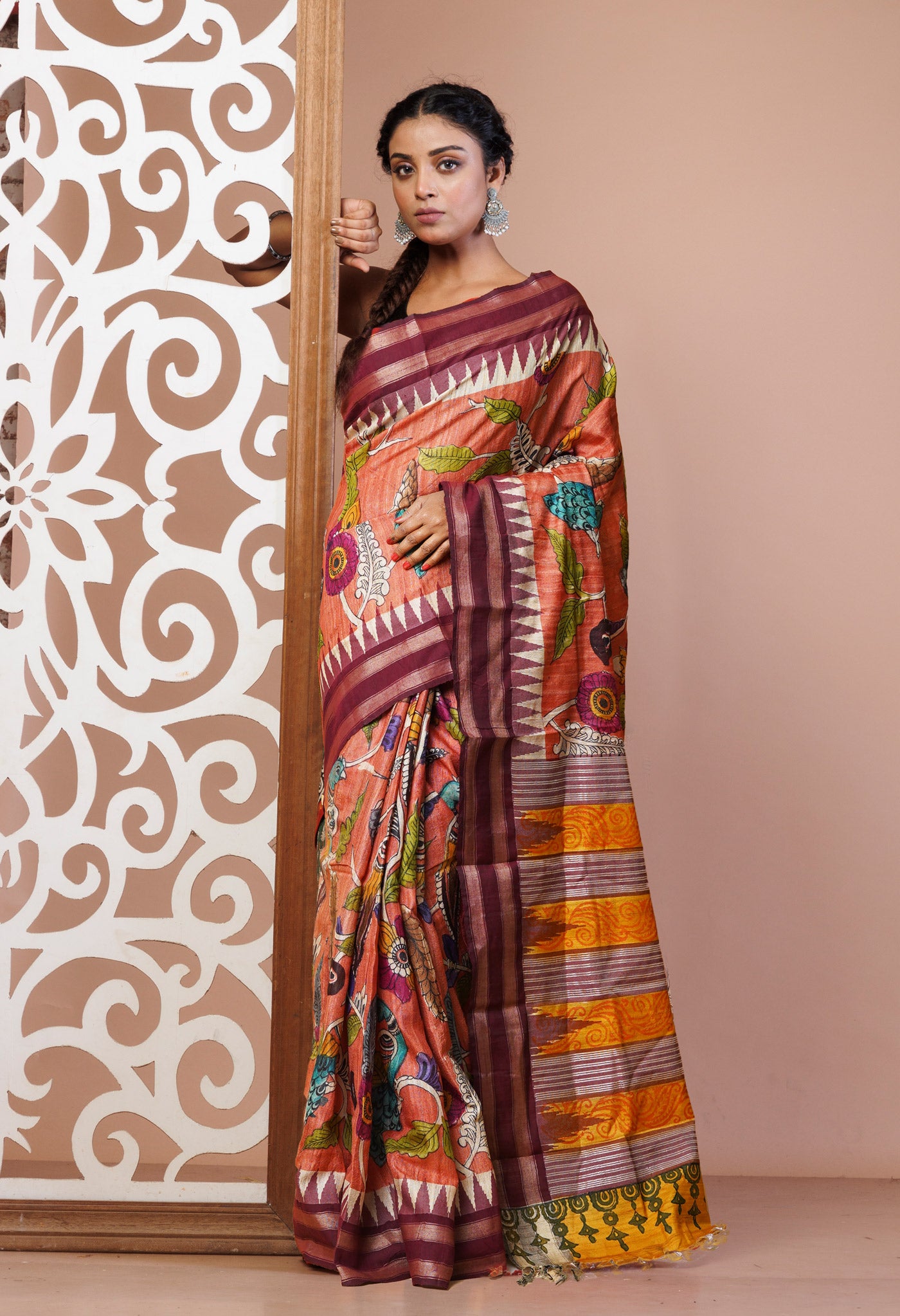 Peach Orange Pure Handloom Printed Vidarbha Tussar Silk Saree