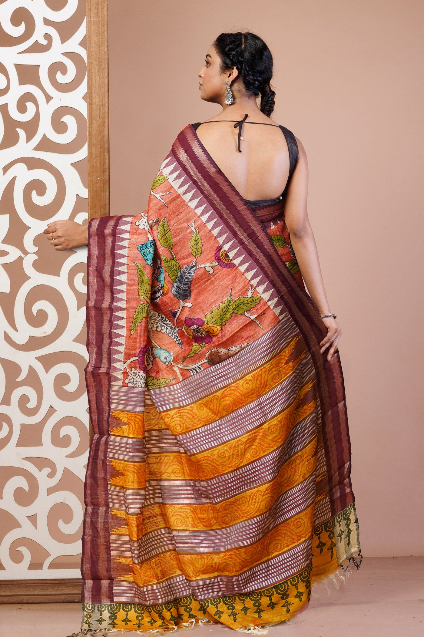 Peach Orange Pure Handloom Printed Vidarbha Tussar Silk Saree