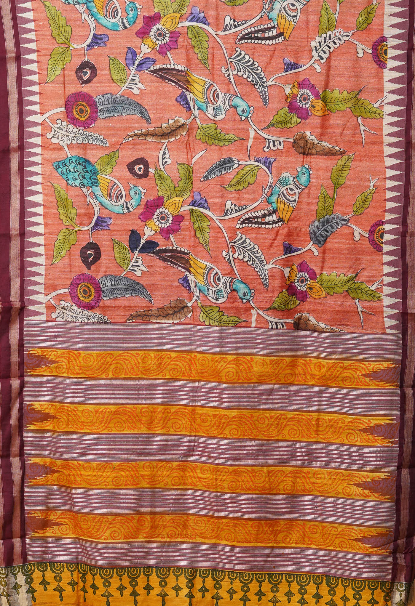 Peach Orange Pure Handloom Printed Vidarbha Tussar Silk Saree