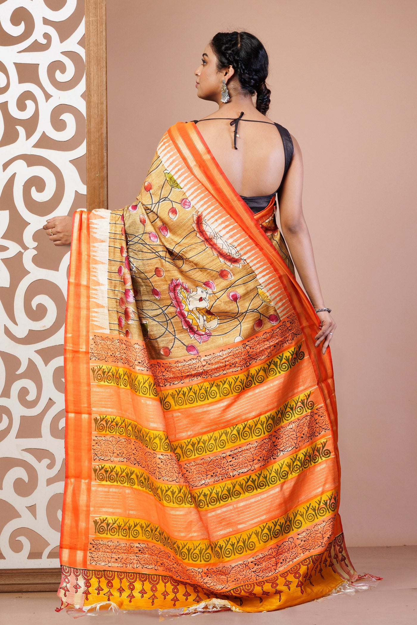 Cream Pure Handloom Printed Vidarbha Tussar Silk Saree-UNM78108