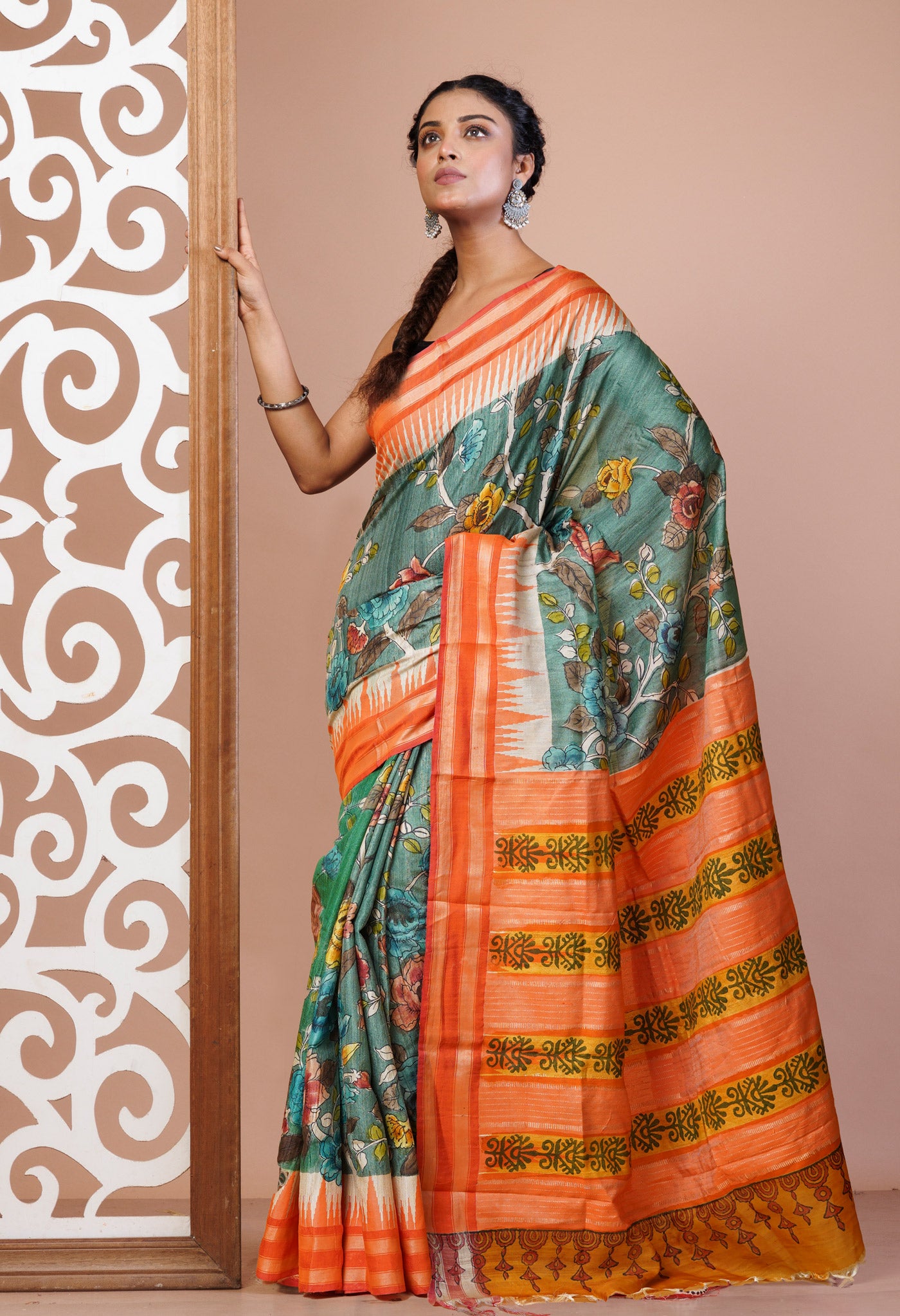 Green Pure Handloom Printed Vidarbha Tussar Silk Saree