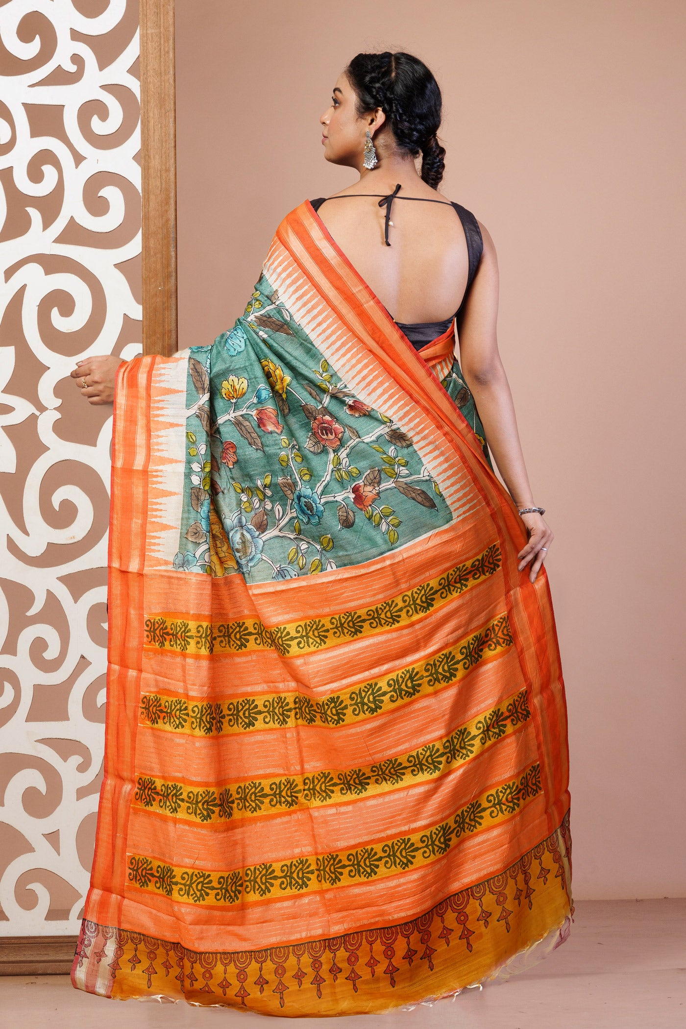 Green Pure Handloom Printed Vidarbha Tussar Silk Saree