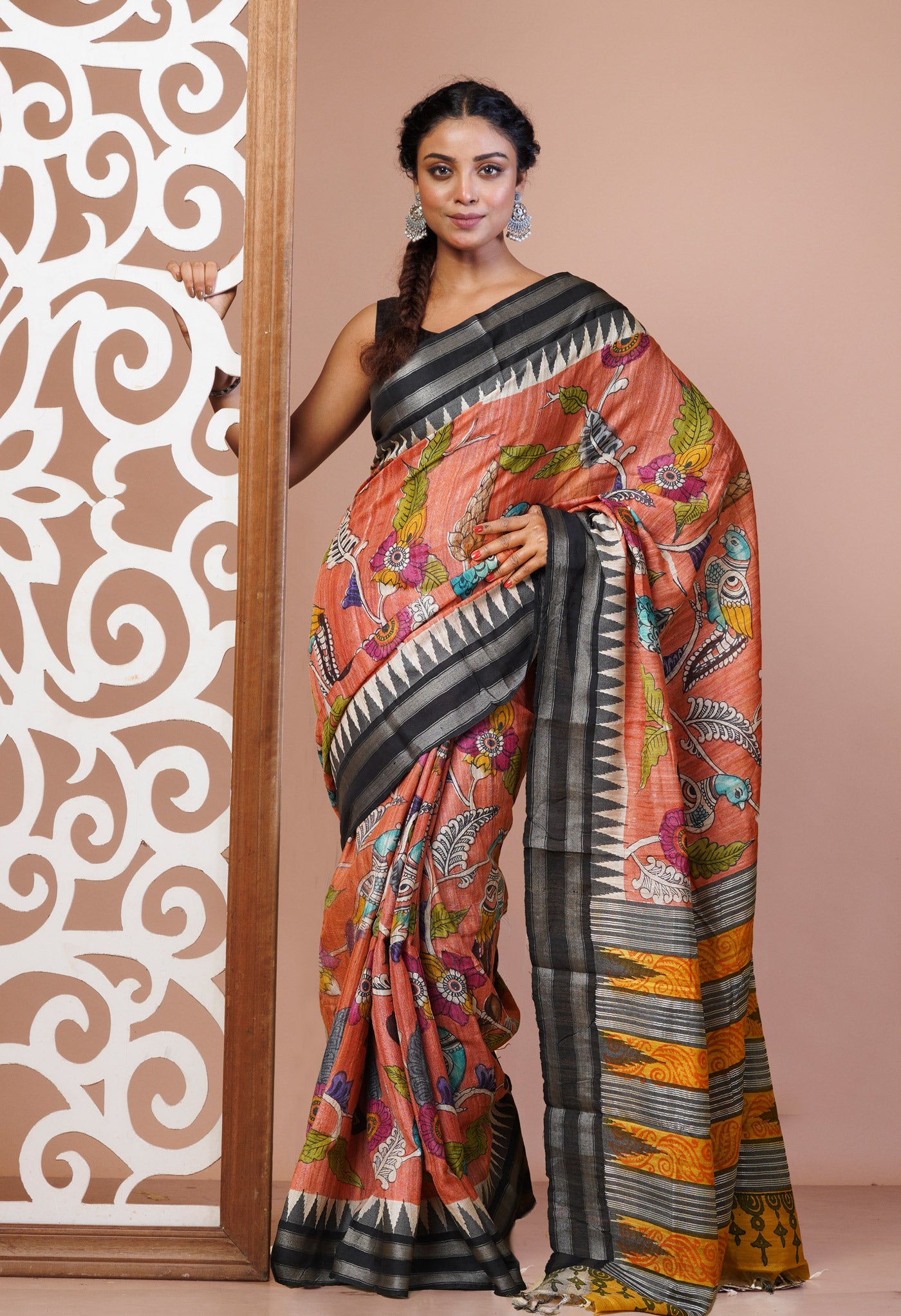 Peach Orange Pure Handloom Printed Vidarbha Tussar Silk Saree