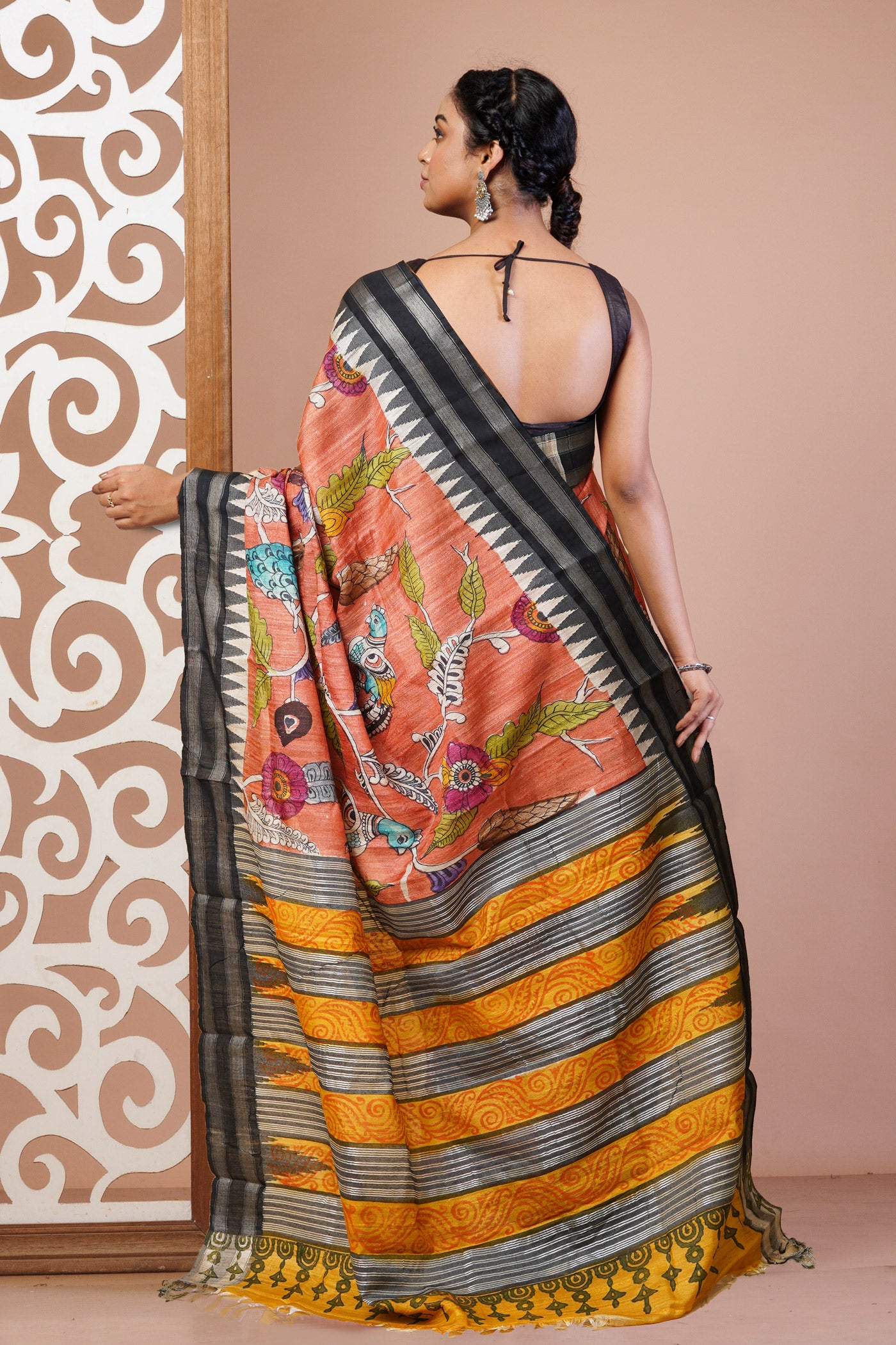 Peach Orange Pure Handloom Printed Vidarbha Tussar Silk Saree