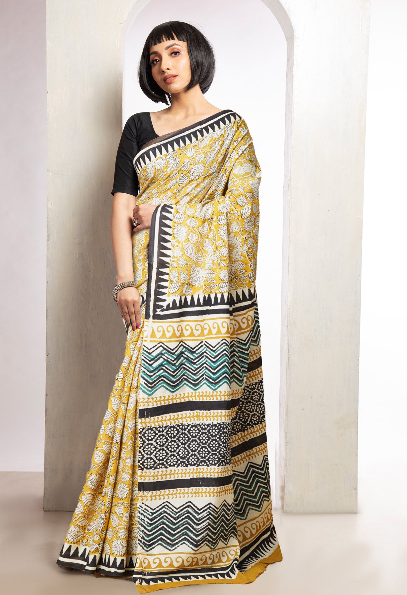 Yellow Pure Bagru Printed Soft Cotton Saree-UNM78115