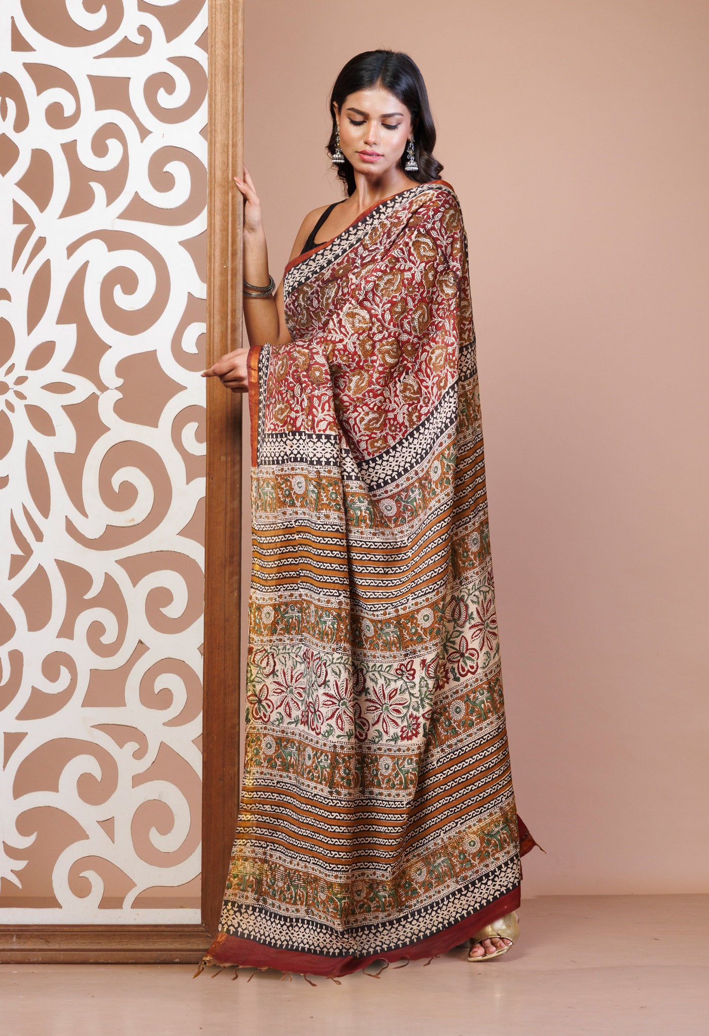 Brown Pure Bagru Printed Pashmina Sico Saree-UNM78128