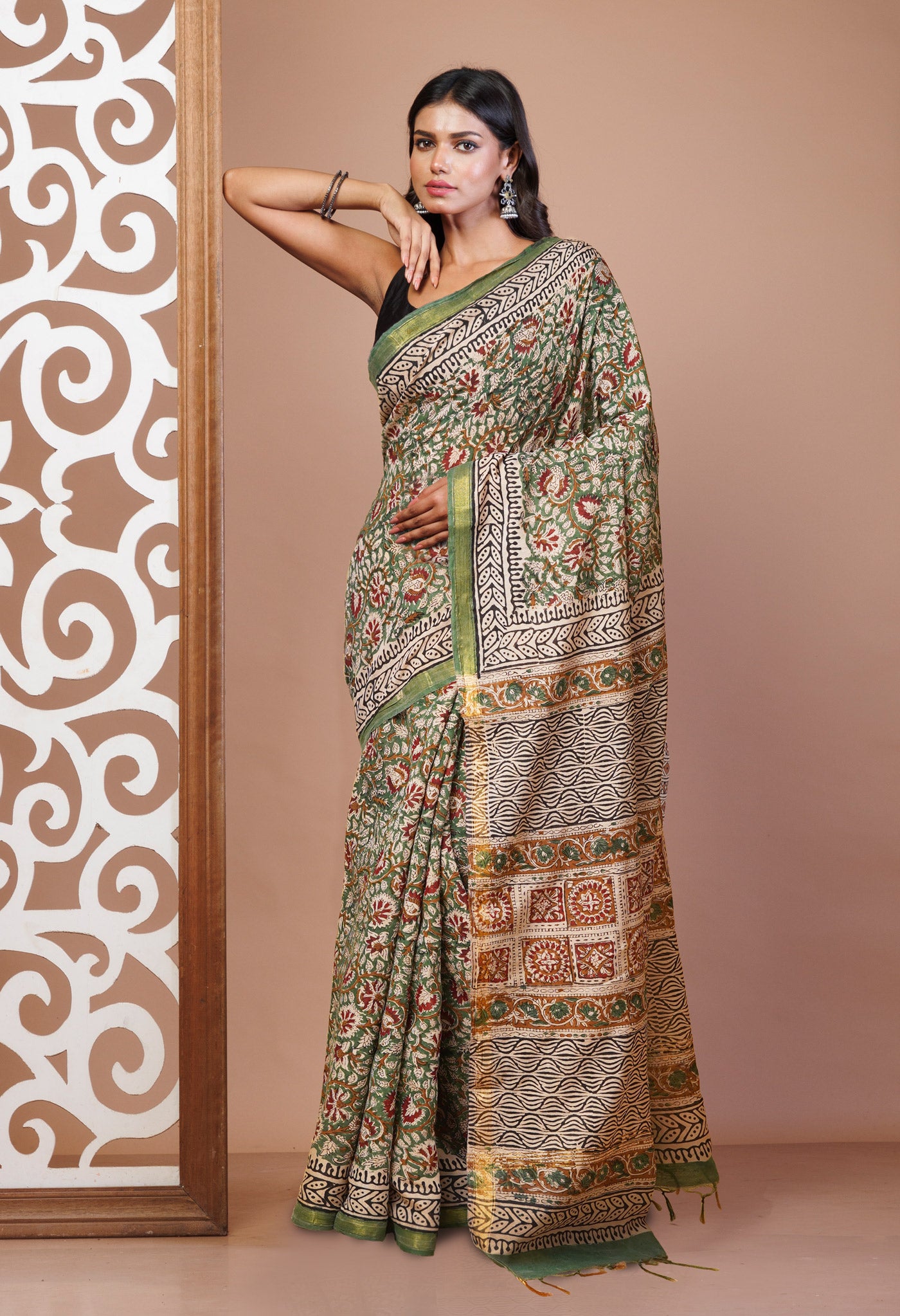 Green Pure Bagru Printed Pashmina Sico Saree-UNM78133