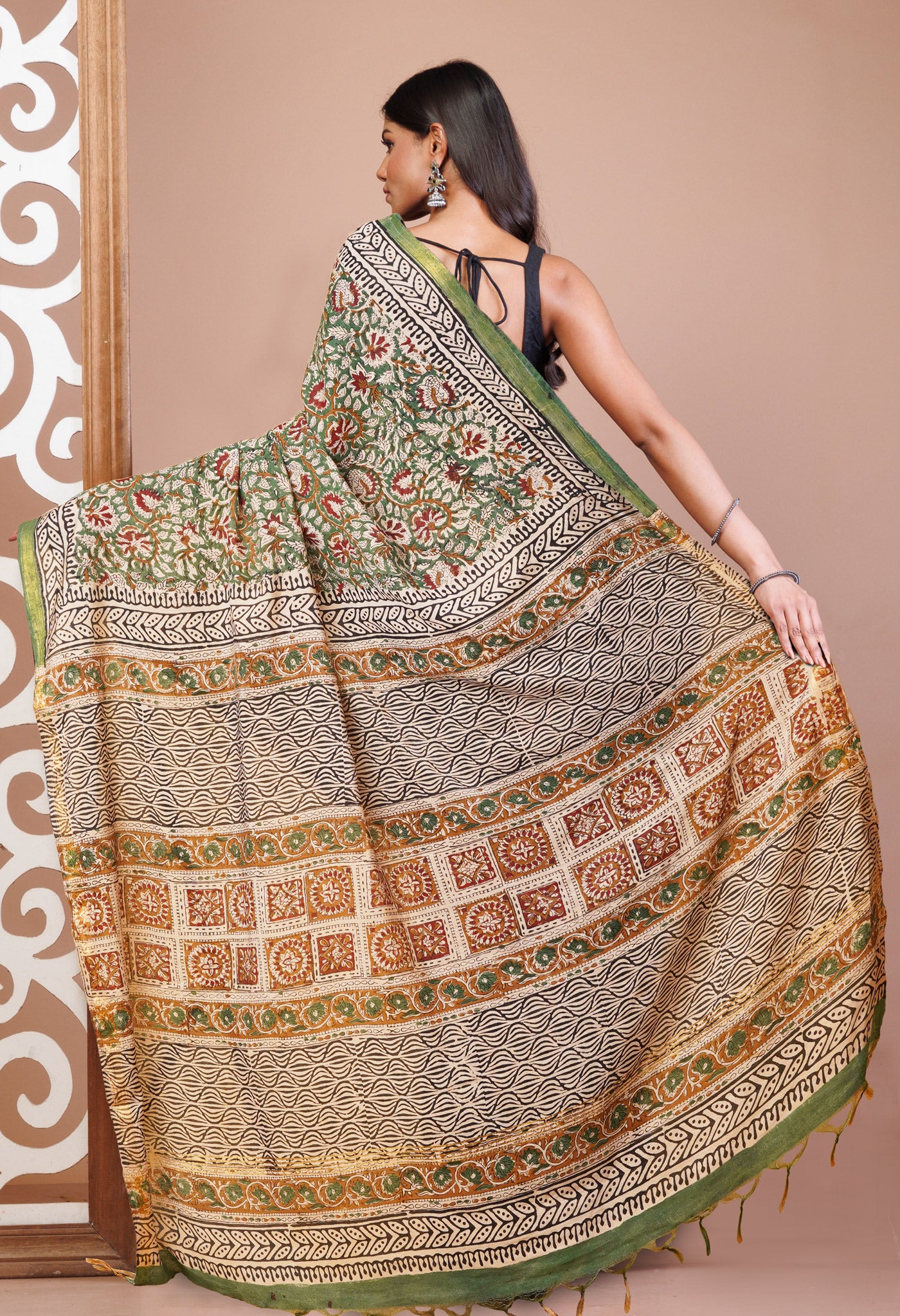 Green Pure Bagru Printed Pashmina Sico Saree-UNM78133