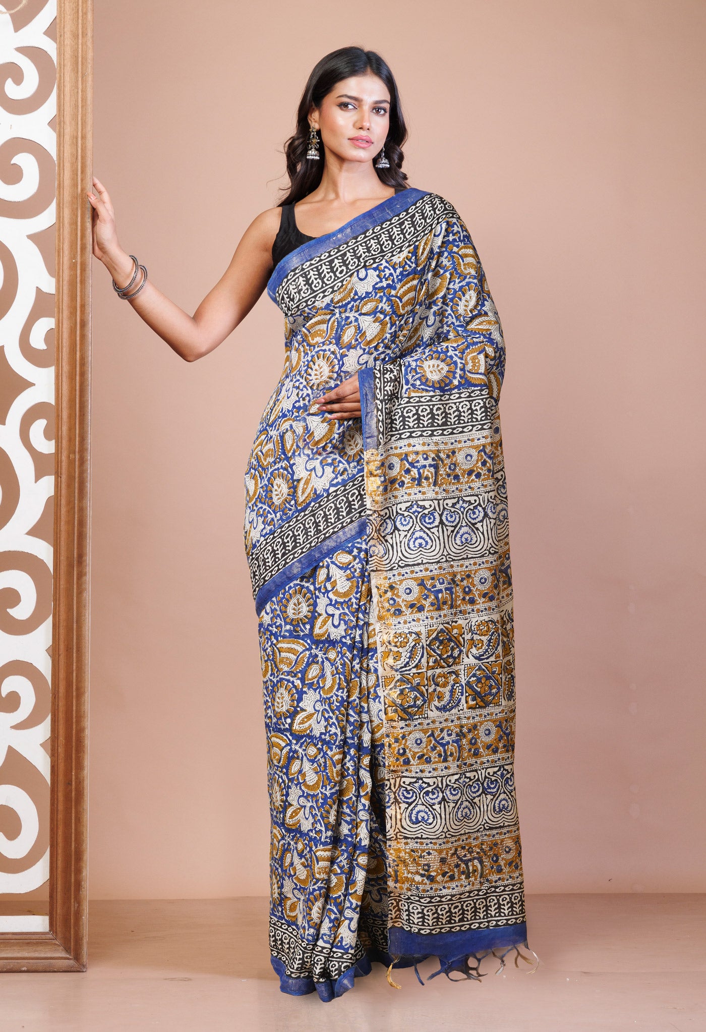 Blue Pure Bagru Printed Pashmina Sico Saree-UNM78135