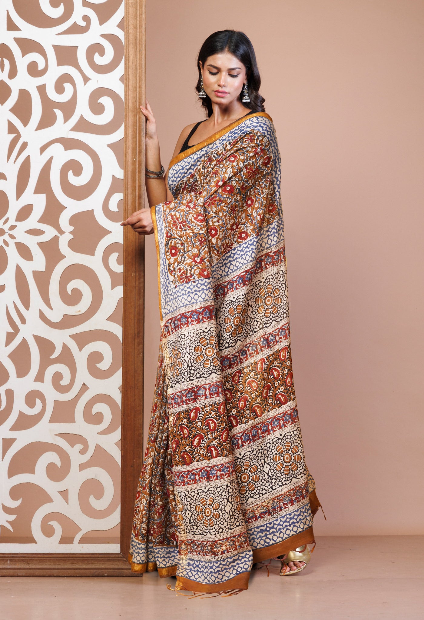 Brown Pure Bagru Printed Pashmina Sico Saree-UNM78136