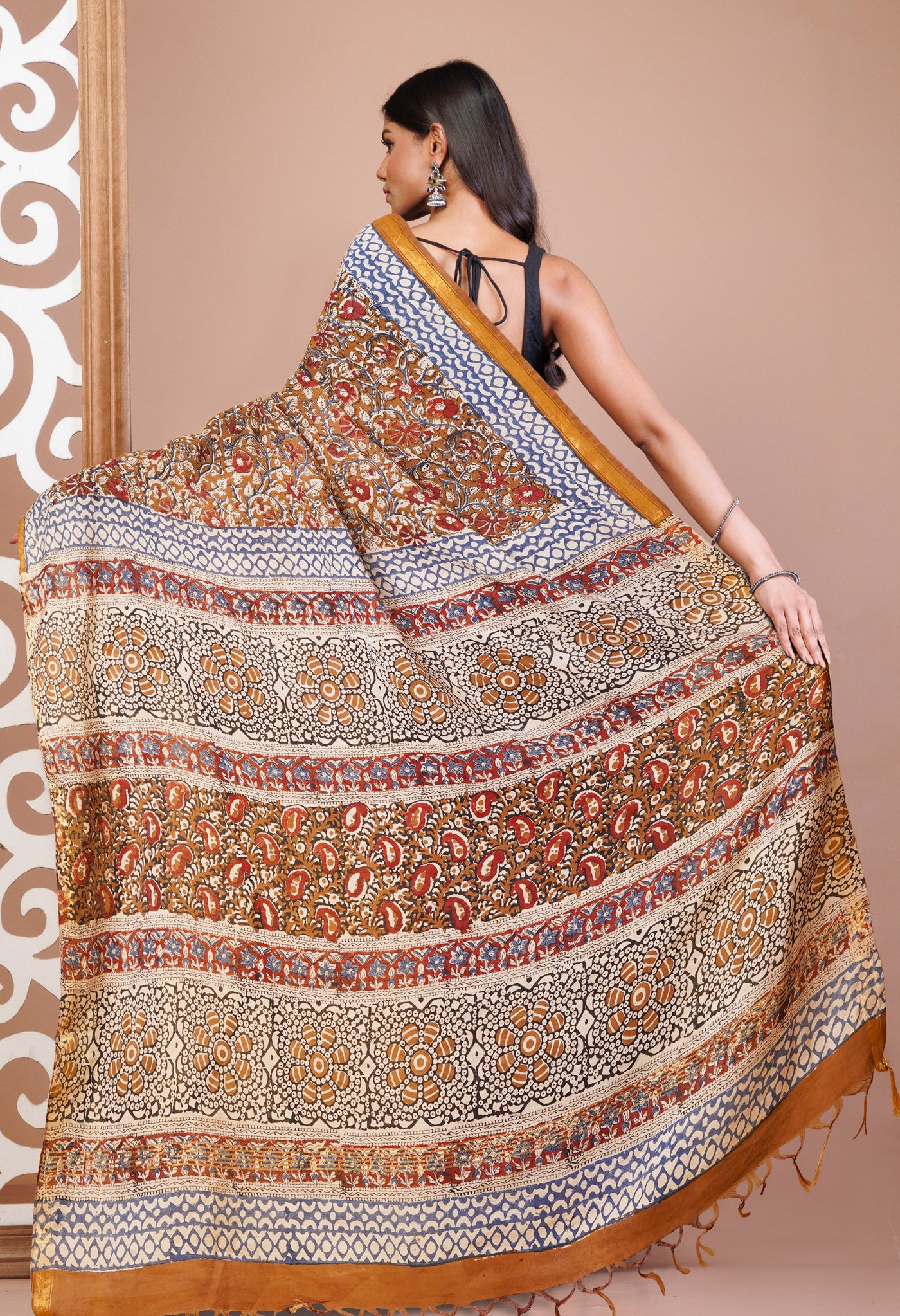 Brown Pure Bagru Printed Pashmina Sico Saree-UNM78136