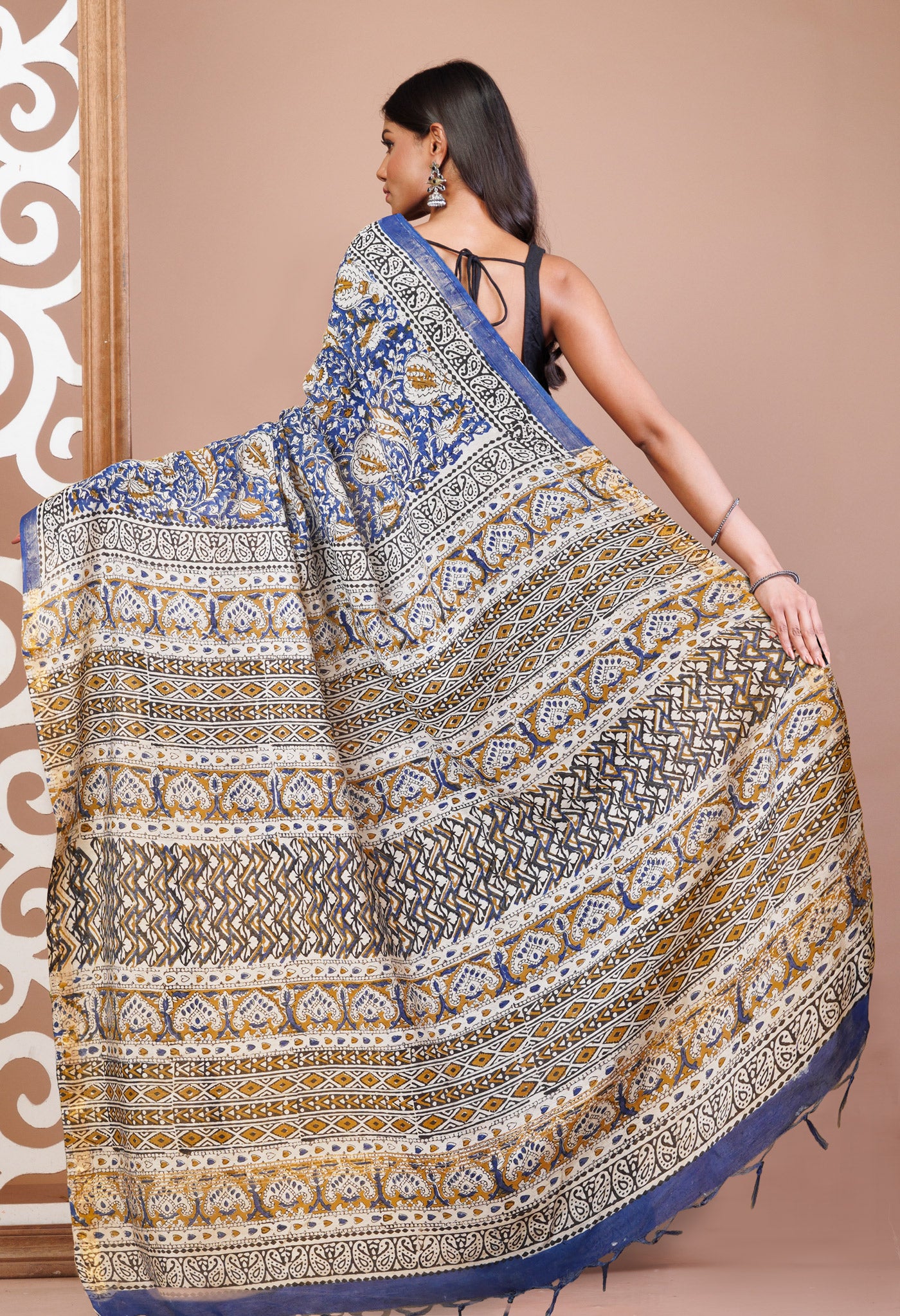 Blue Pure Bagru Printed Pashmina Sico Saree-UNM78137