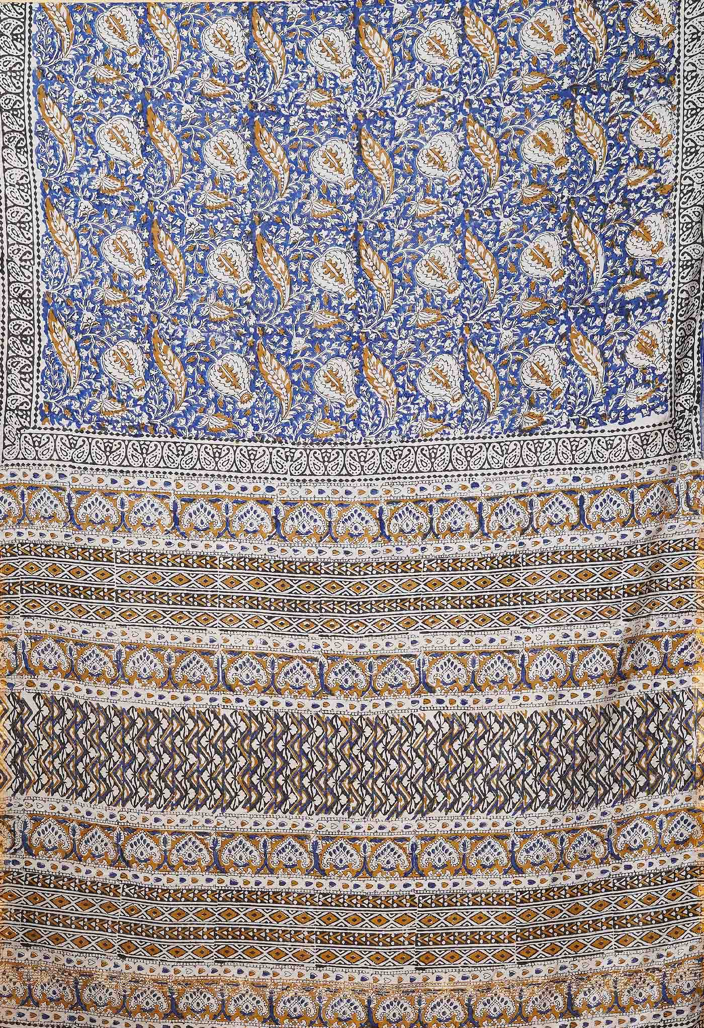 Blue Pure Bagru Printed Pashmina Sico Saree-UNM78137