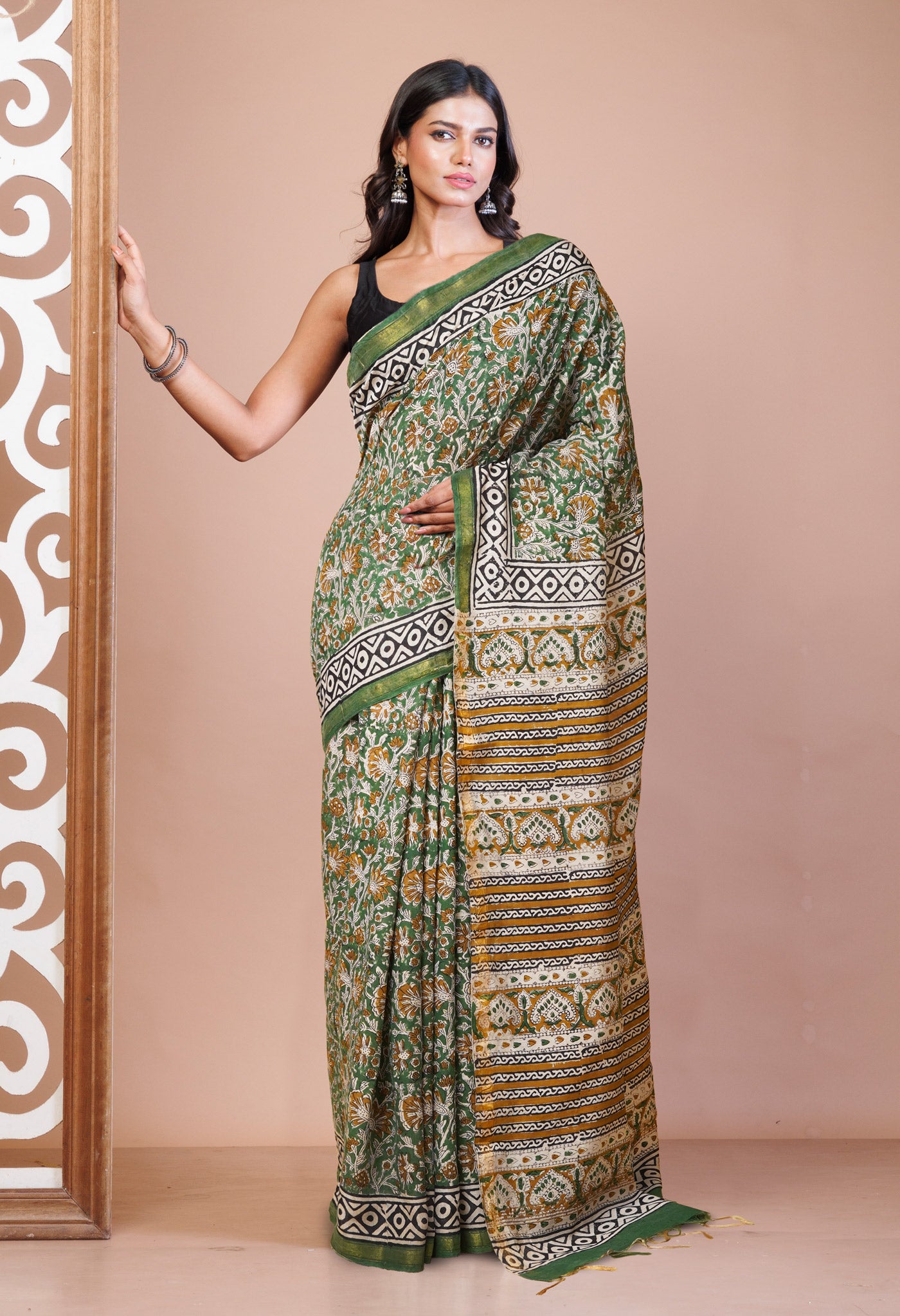 Green Pure Bagru Printed Pashmina Sico Saree-UNM78138