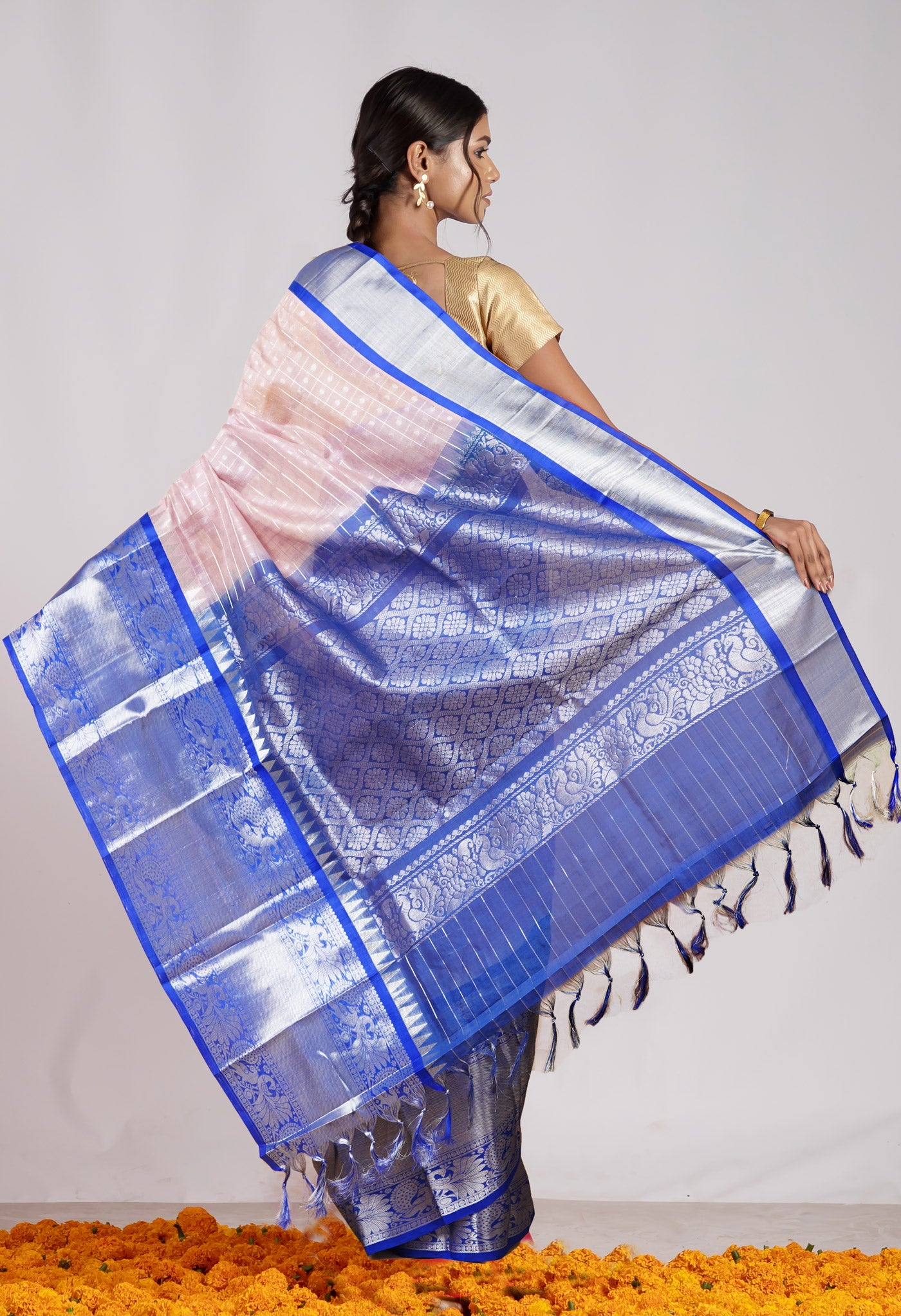 Peach PinkDark Blue Pure Handloom Assam Silk Saree